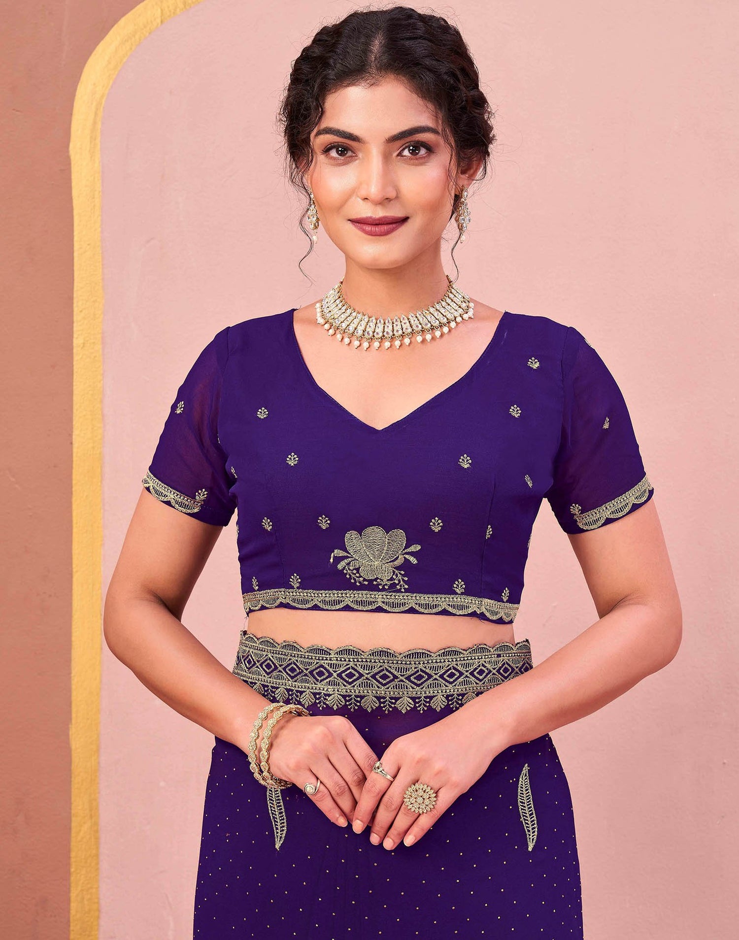 Purple Georgette Embroidery Swarovski Saree