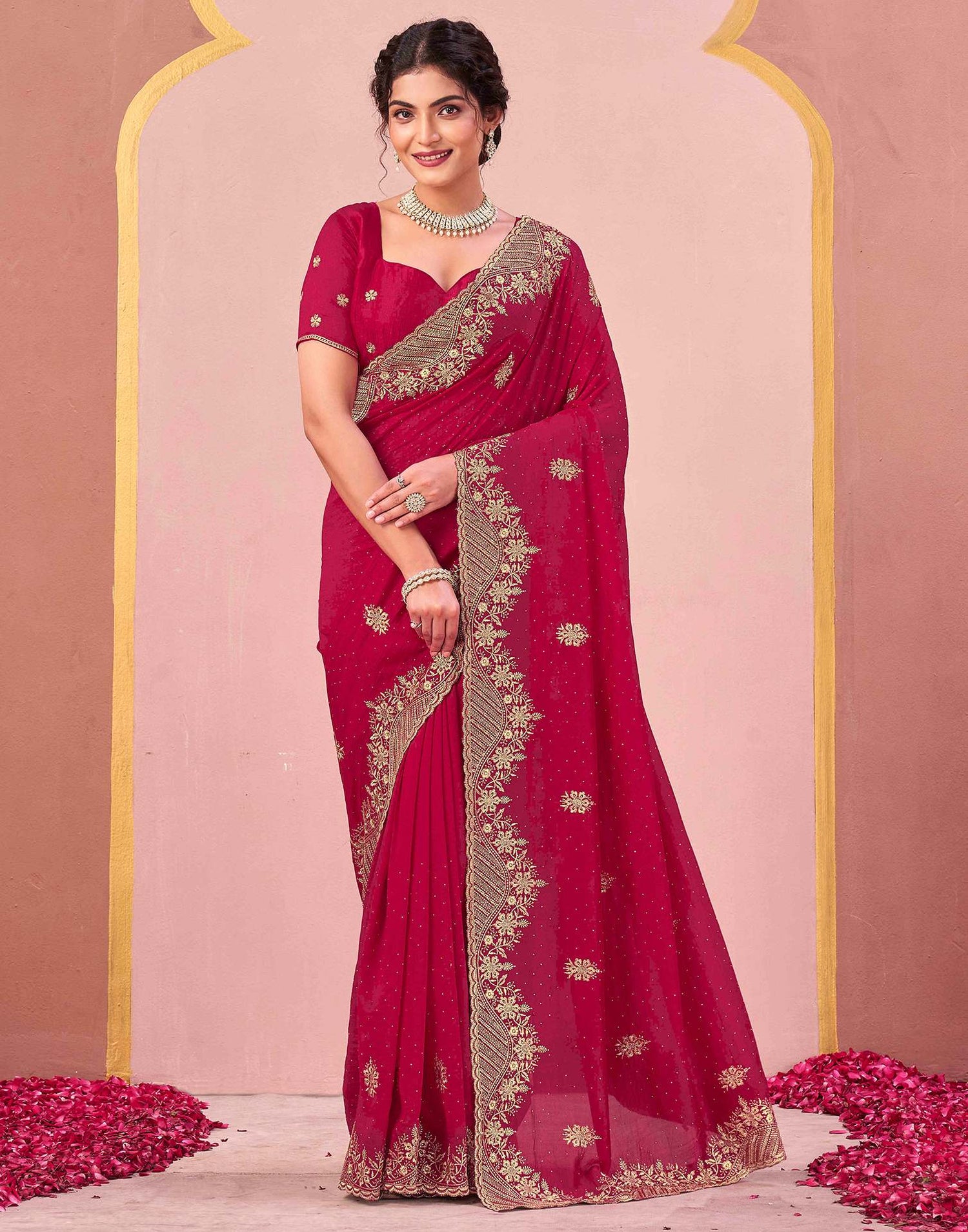 Dark Rani Pink Silk Embroidery Swarovski Saree