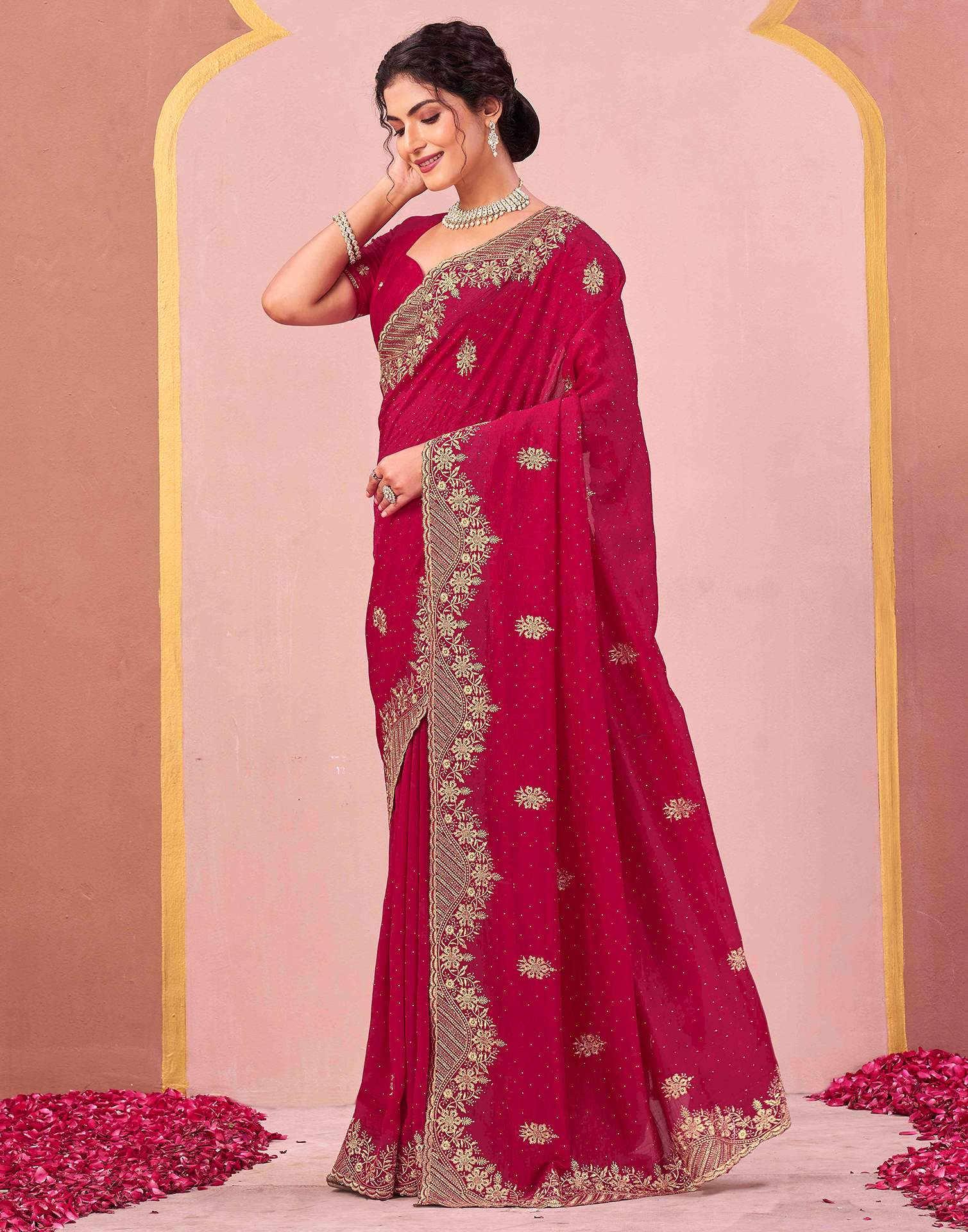 Dark Rani Pink Silk Embroidery Swarovski Saree