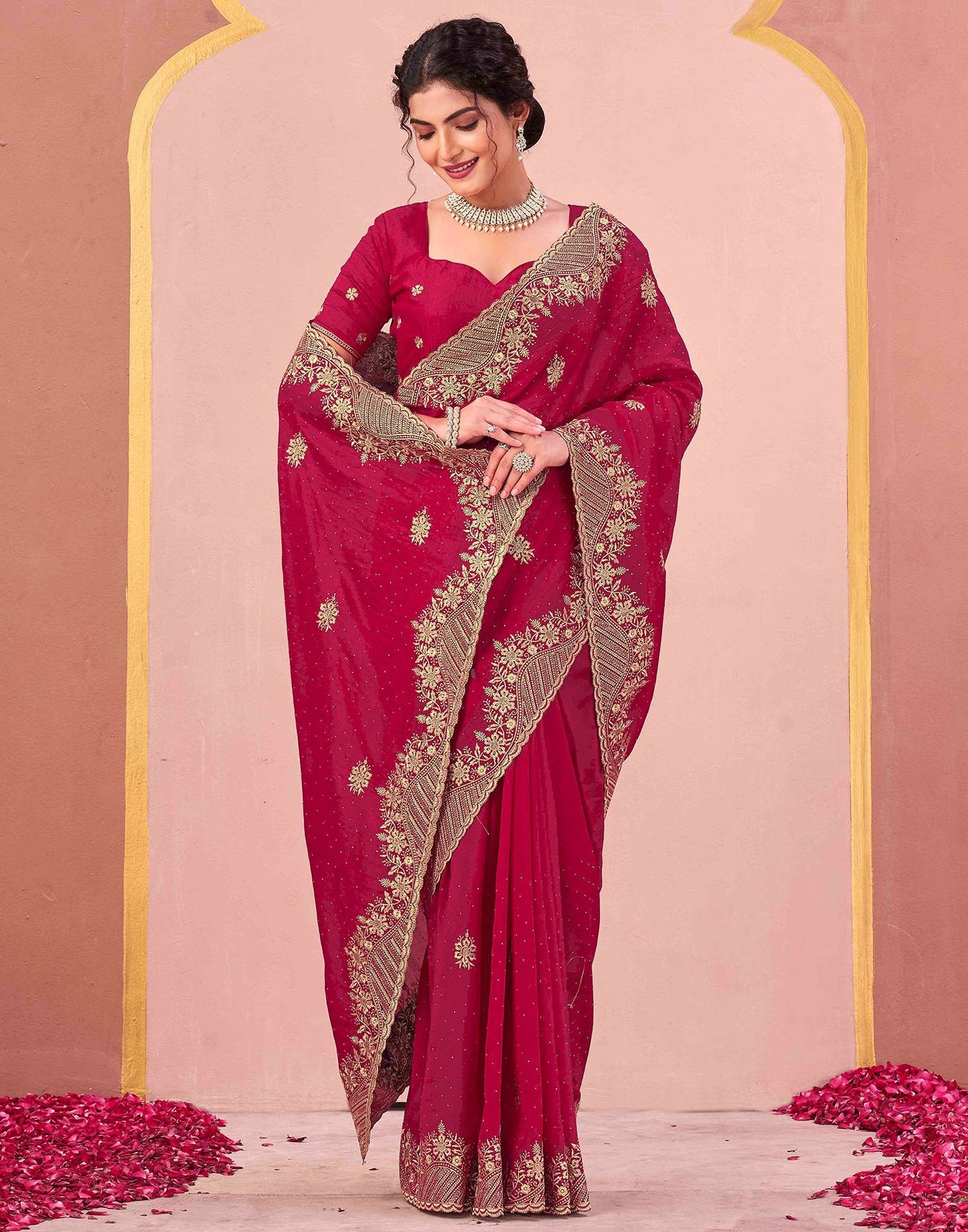 Dark Rani Pink Silk Embroidery Swarovski Saree