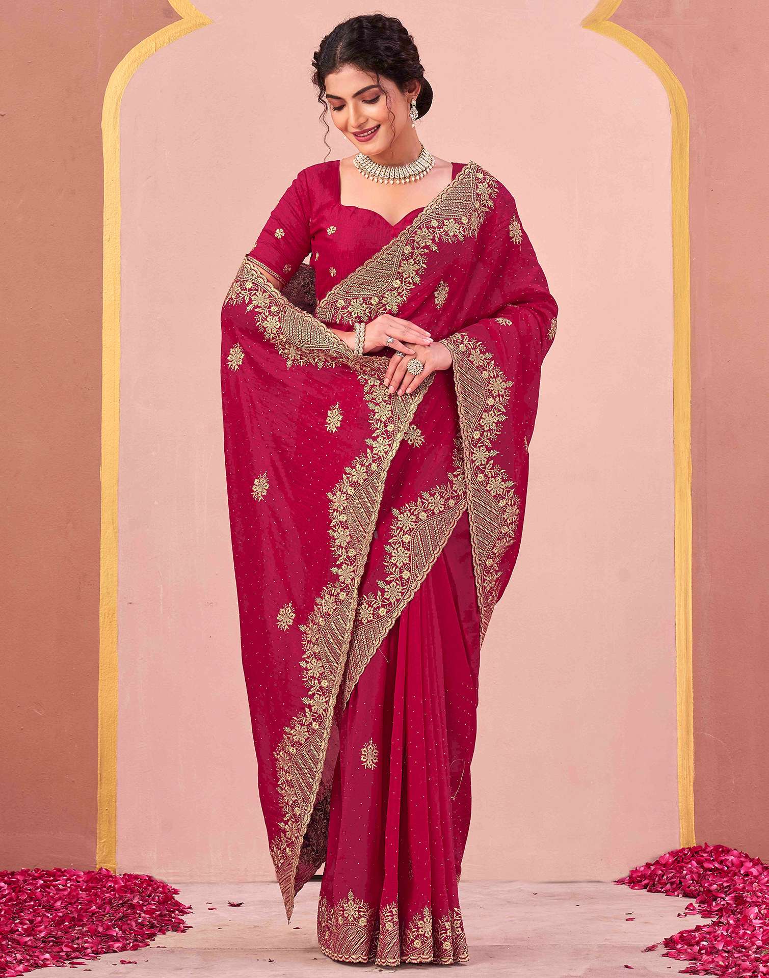 Dark Rani Pink Silk Embroidery Swarovski Saree