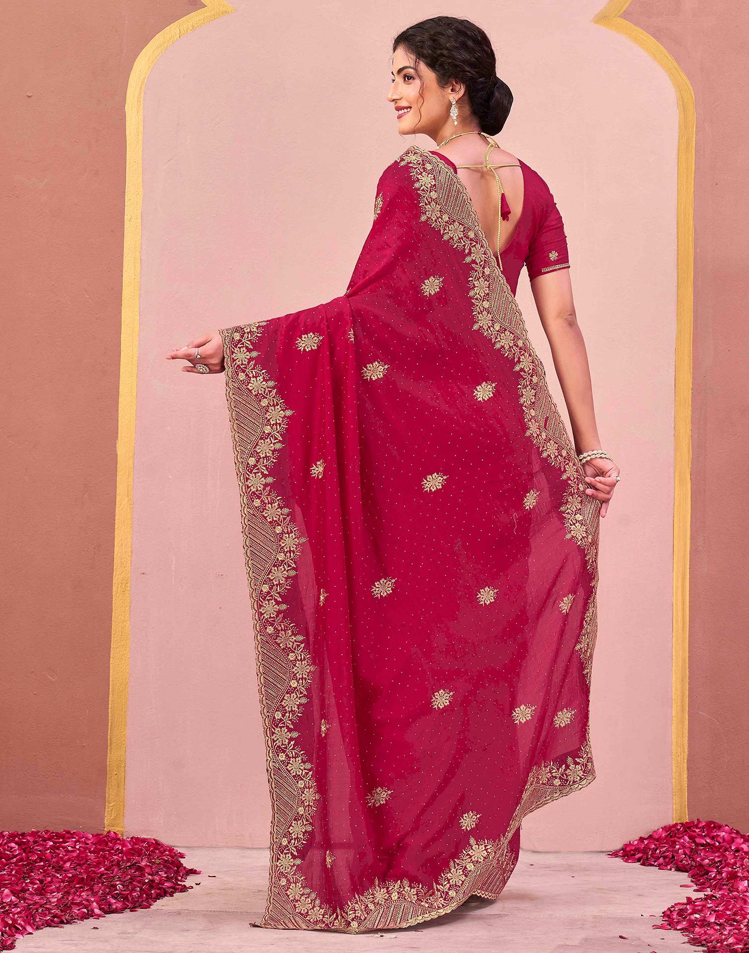 Dark Rani Pink Silk Embroidery Swarovski Saree