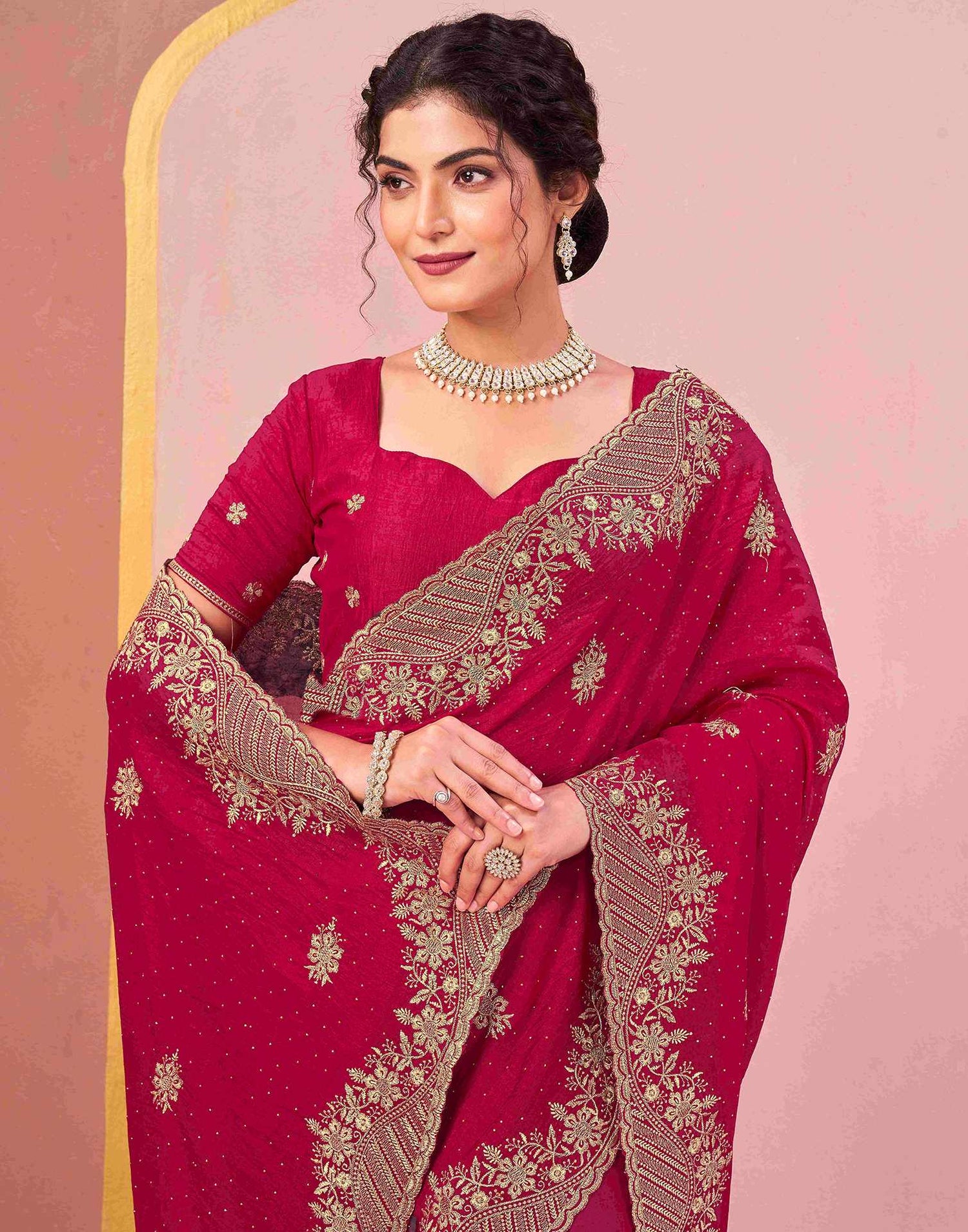 Dark Rani Pink Silk Embroidery Swarovski Saree