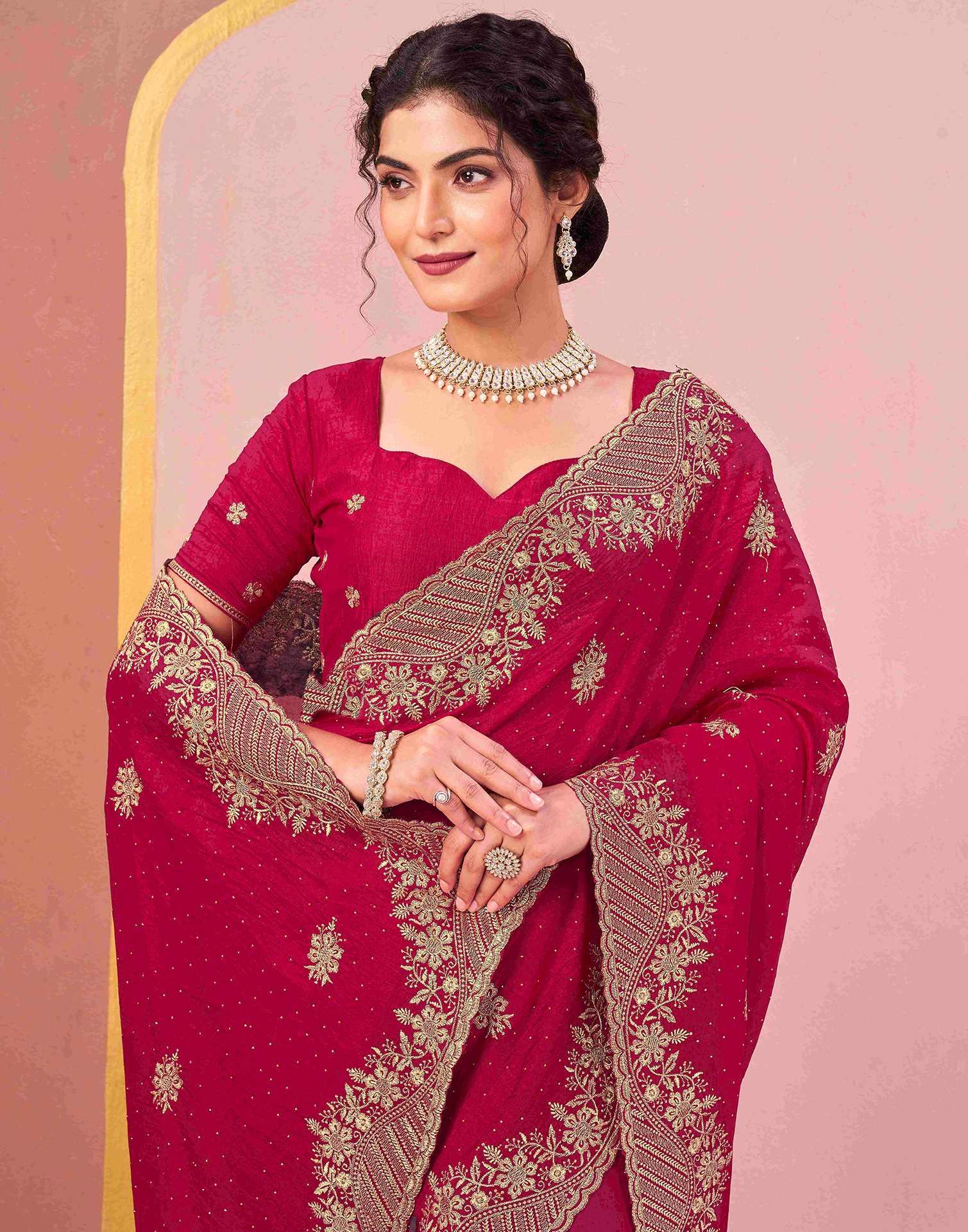 Dark Rani Pink Silk Embroidery Swarovski Saree