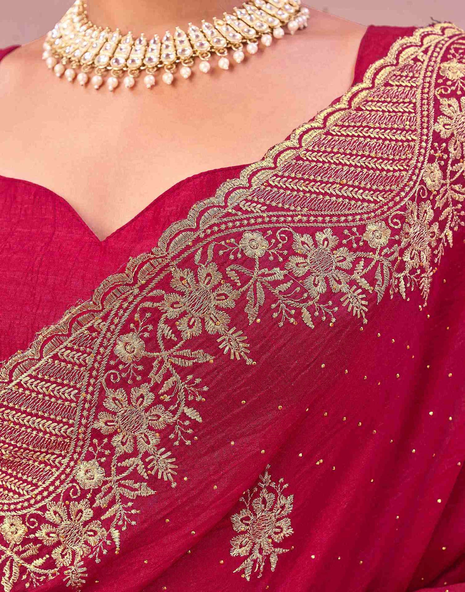 Dark Rani Pink Silk Embroidery Swarovski Saree