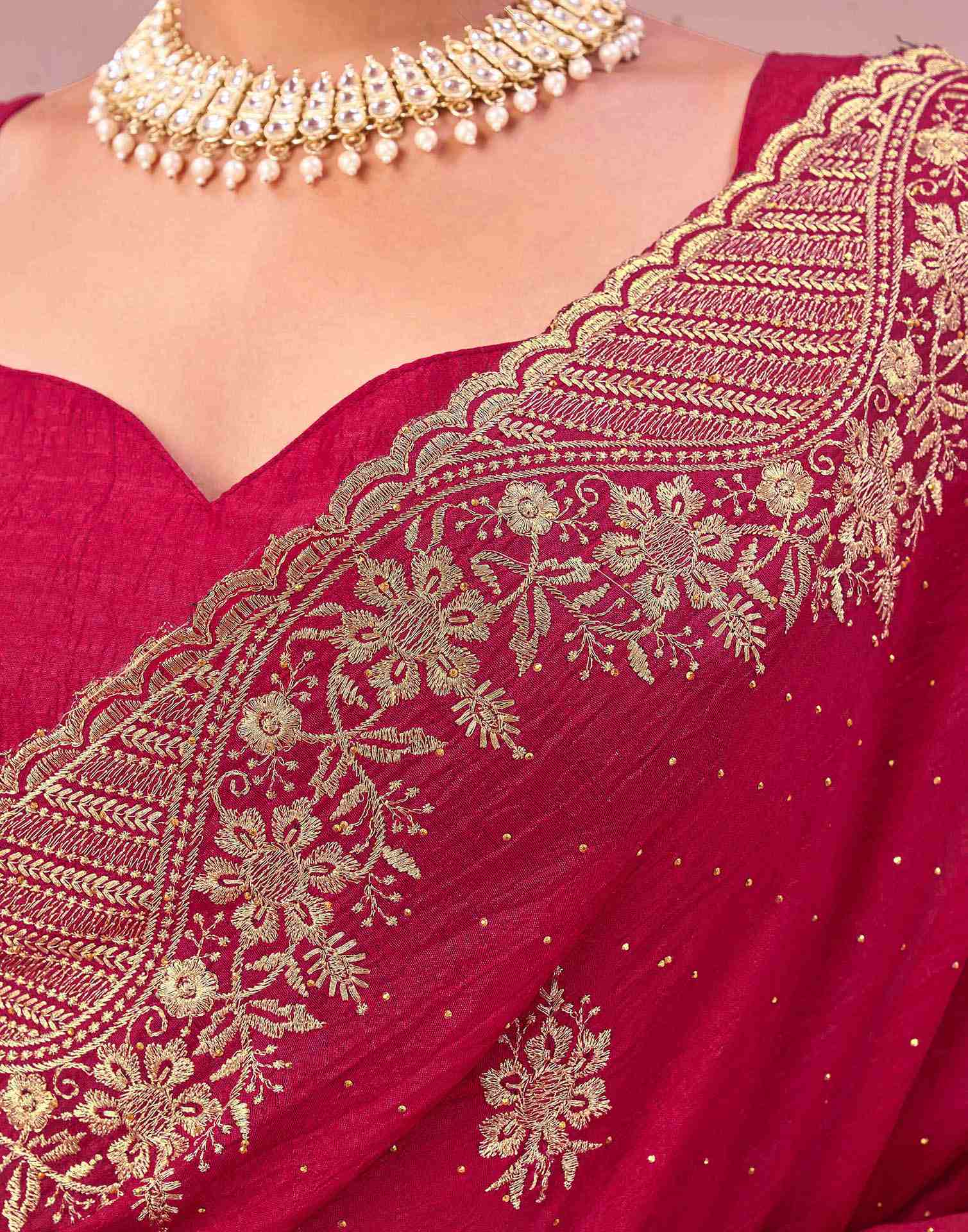 Dark Rani Pink Silk Embroidery Swarovski Saree