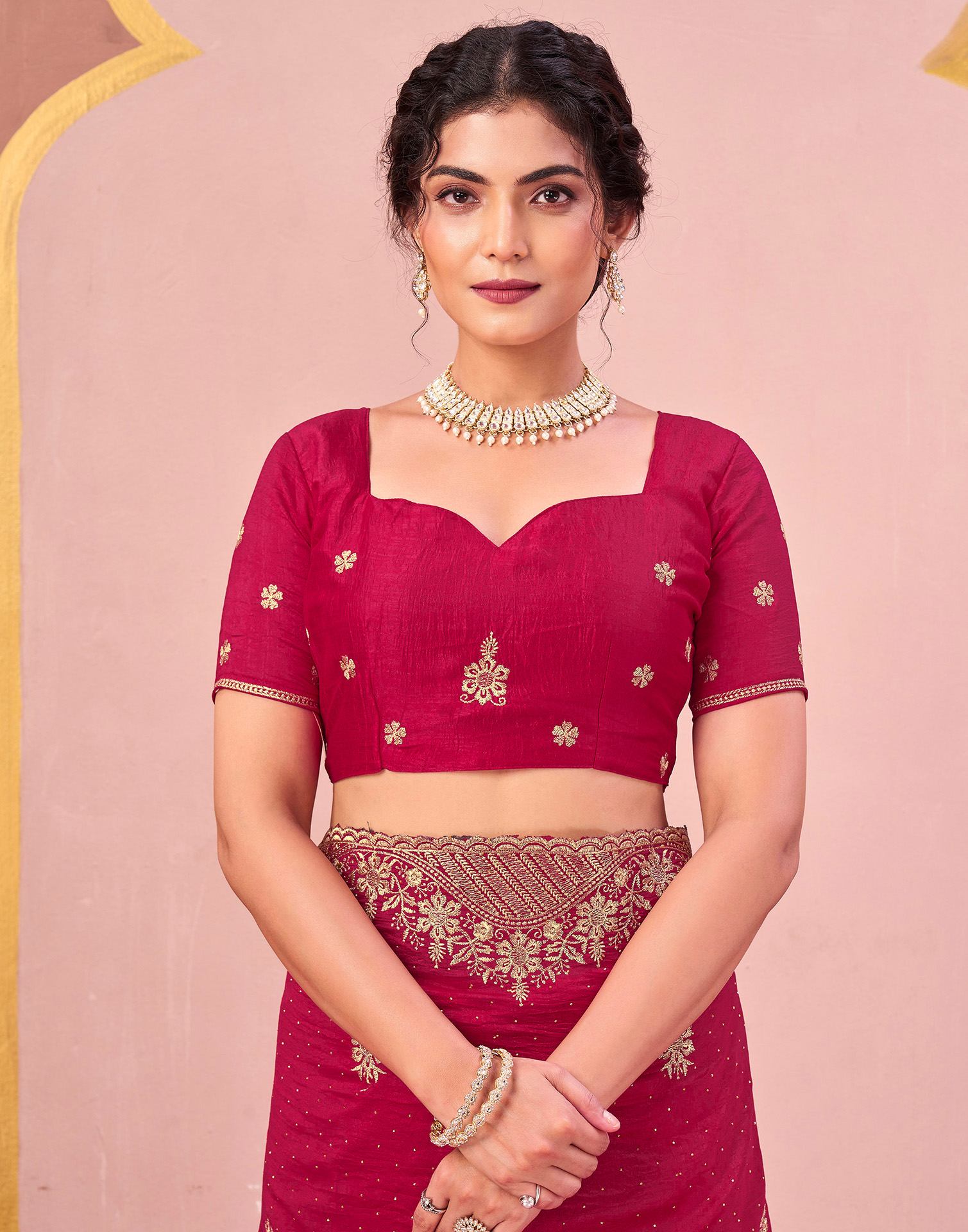 Dark Rani Pink Silk Embroidery Swarovski Saree