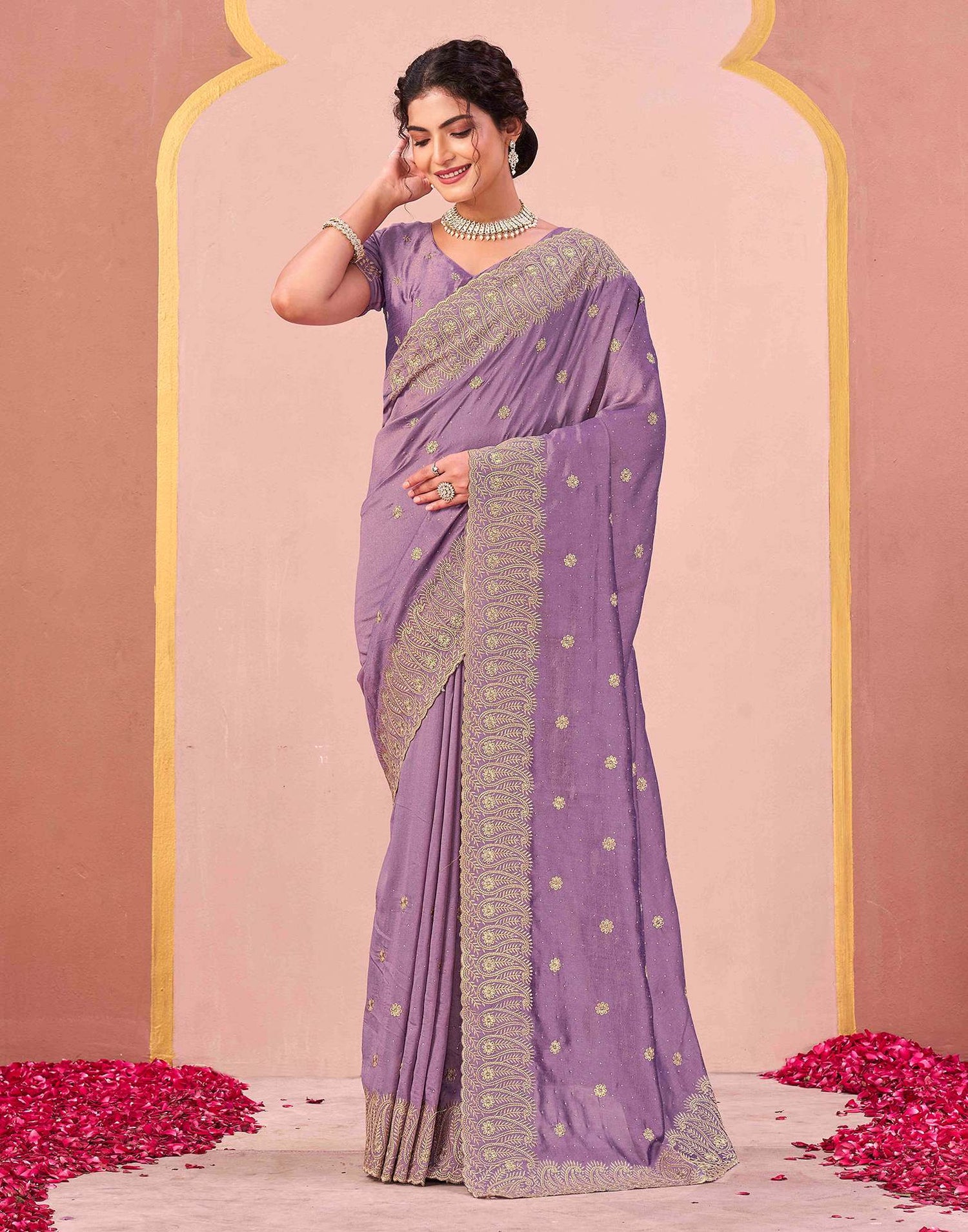 Dusty Lavender Silk Embroidery Swarovski Saree