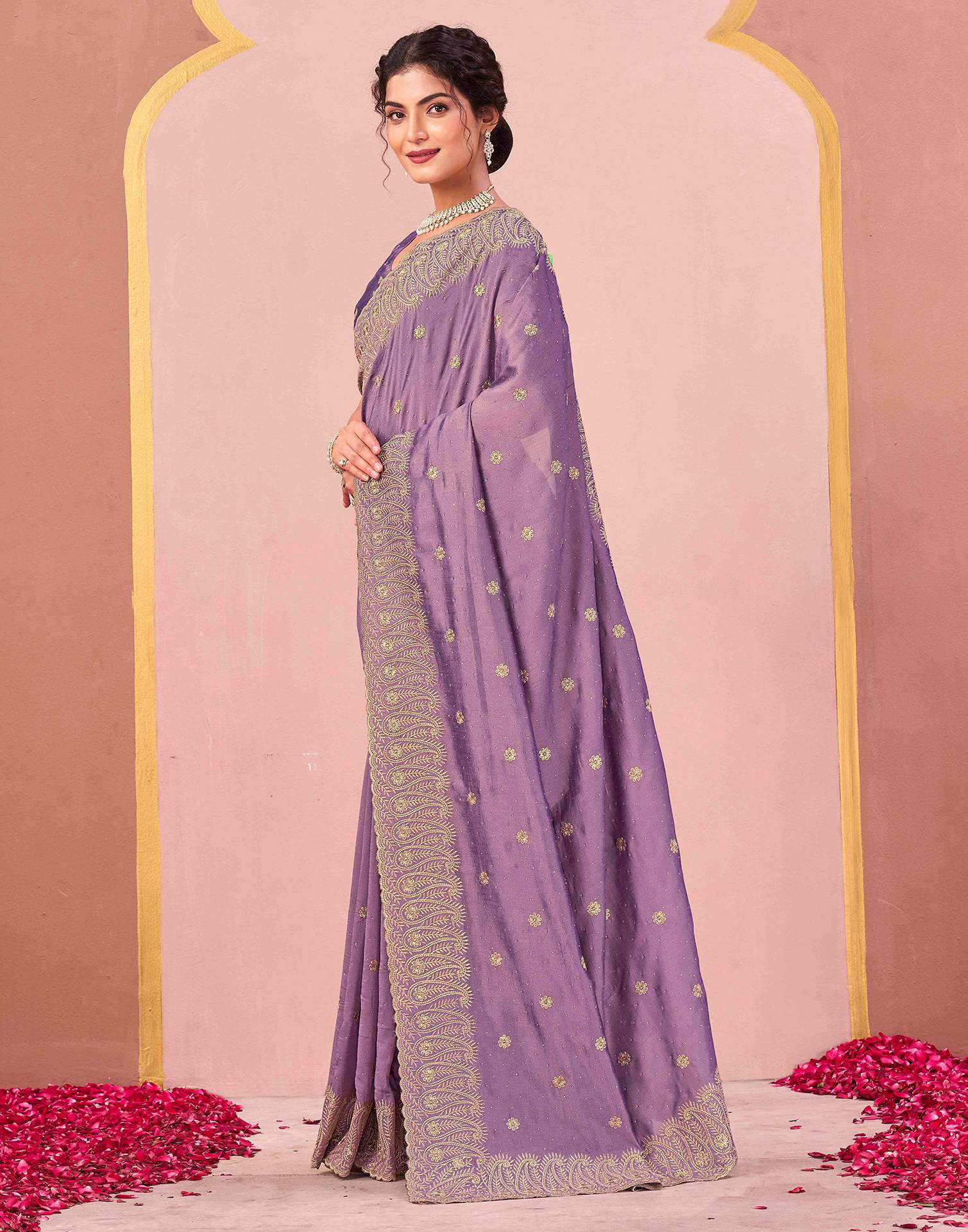 Dusty Lavender Silk Embroidery Swarovski Saree