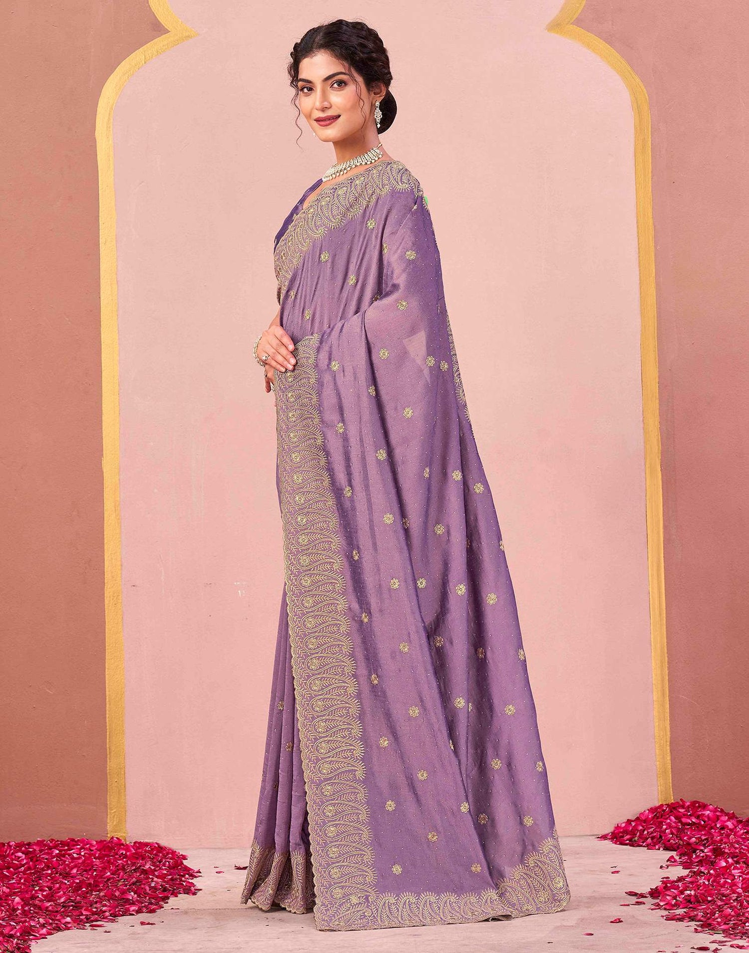 Dusty Lavender Silk Embroidery Swarovski Saree