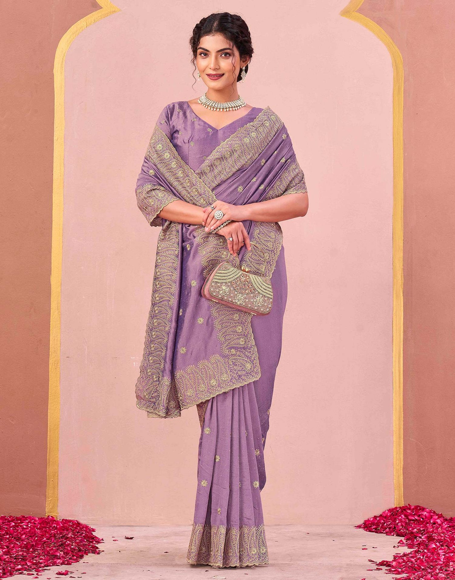 Dusty Lavender Silk Embroidery Swarovski Saree