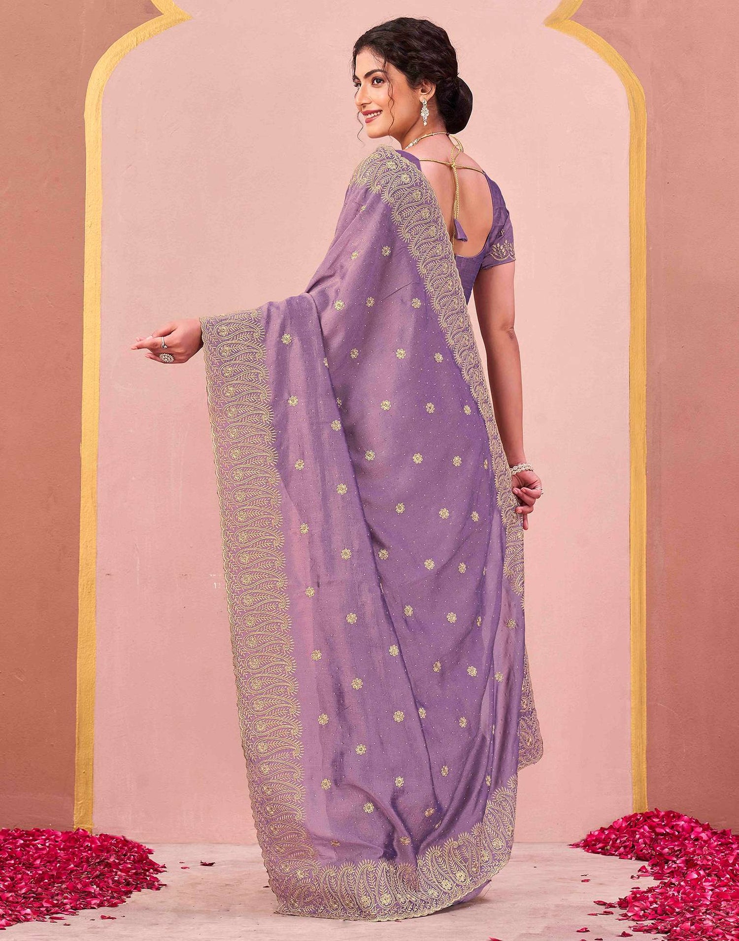 Dusty Lavender Silk Embroidery Swarovski Saree