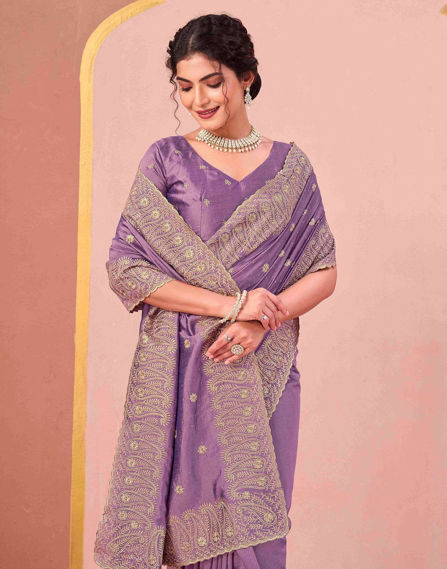 Dusty Lavender Silk Embroidery Swarovski Saree