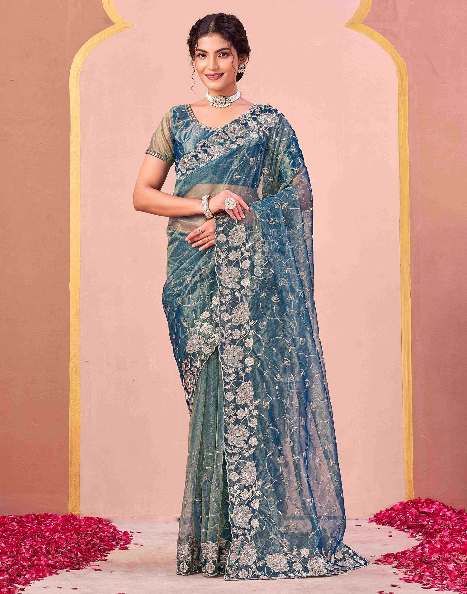 Dusty Teal Blue Shimmer Net Embroidery Saree