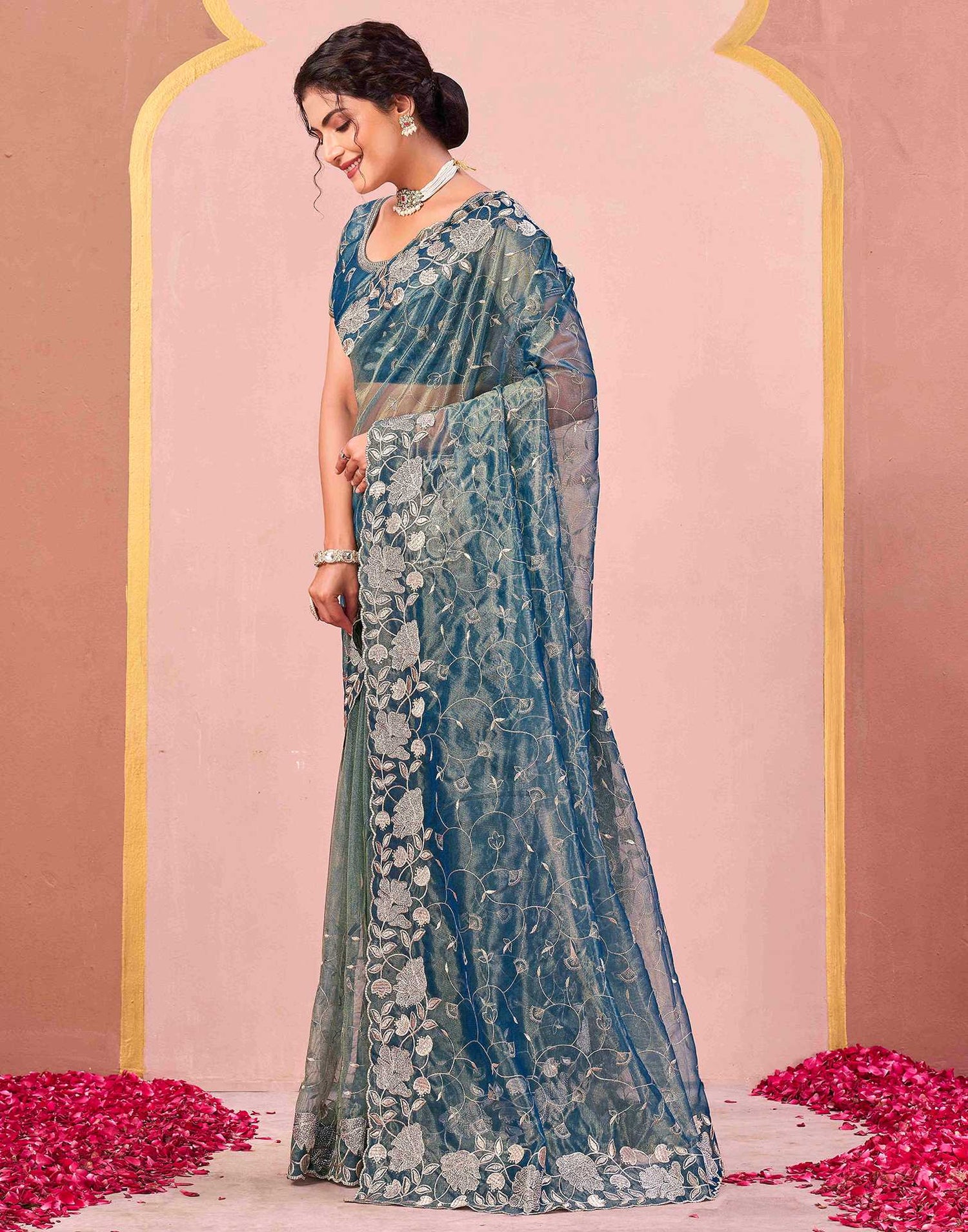 Dusty Teal Blue Shimmer Net Embroidery Saree