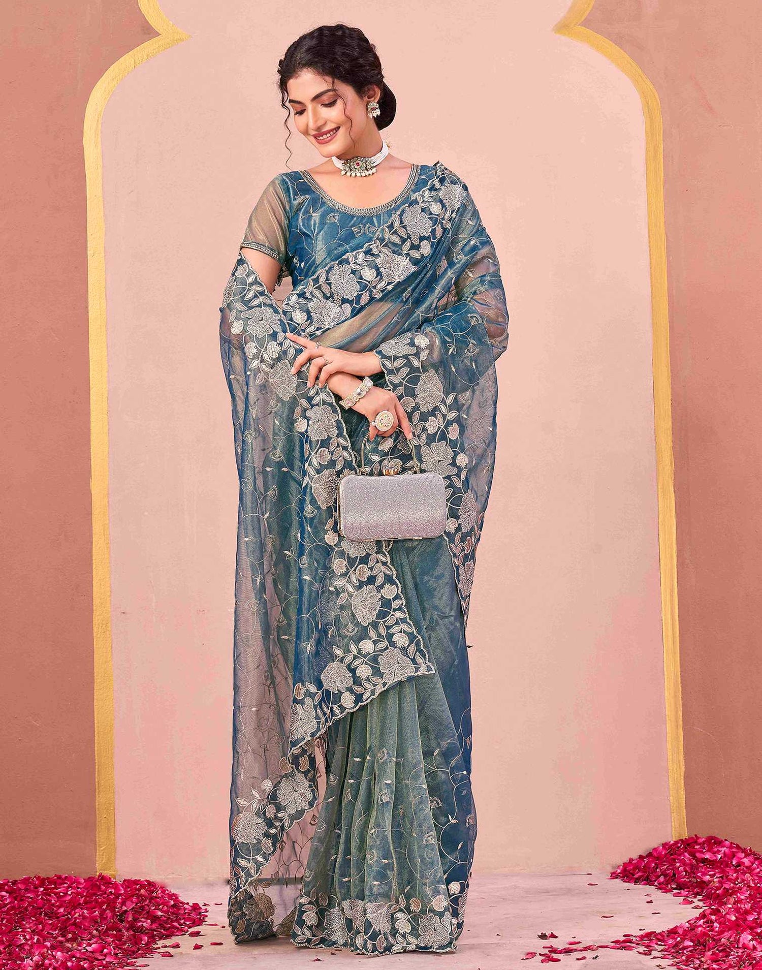 Dusty Teal Blue Shimmer Net Embroidery Saree