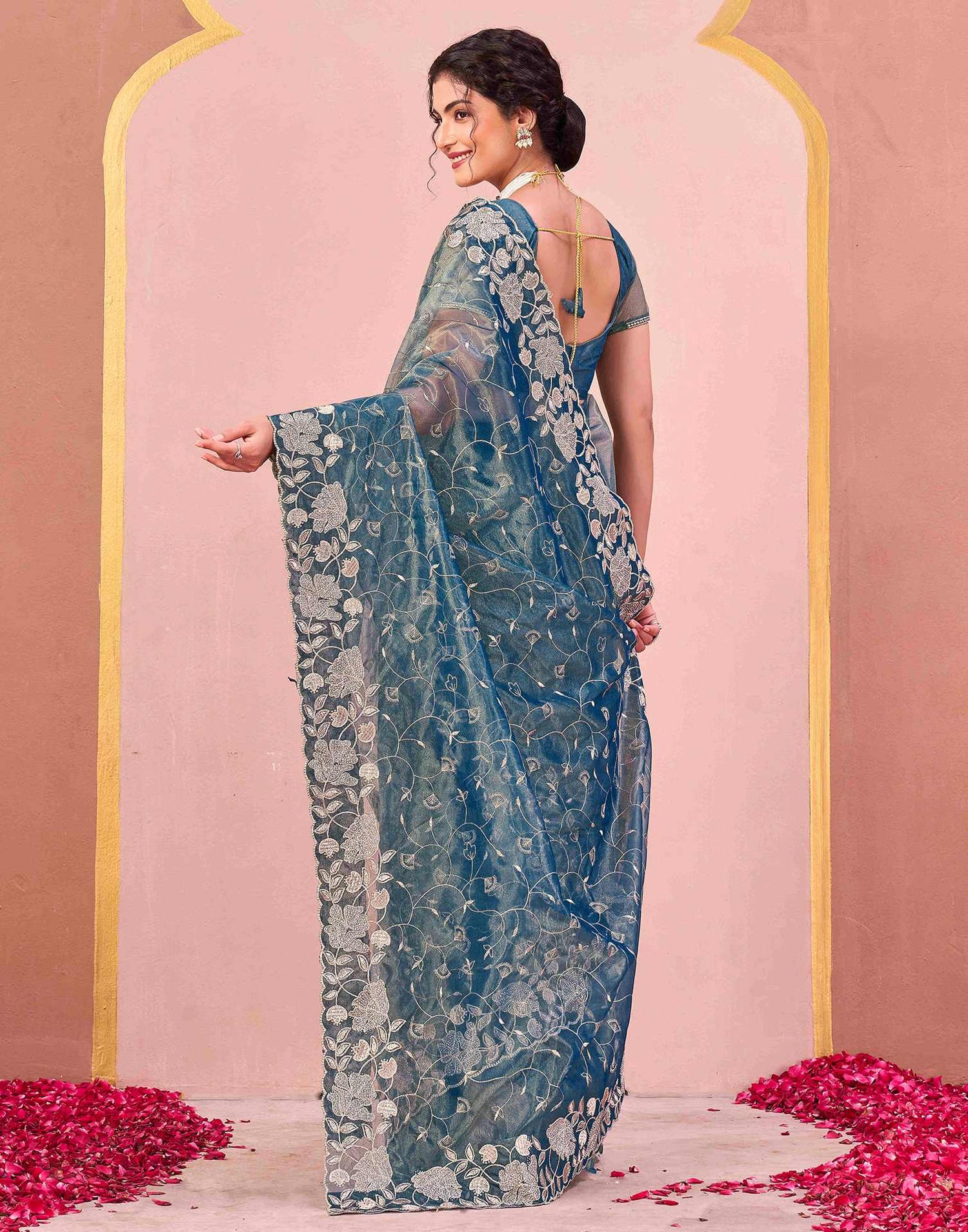 Dusty Teal Blue Shimmer Net Embroidery Saree