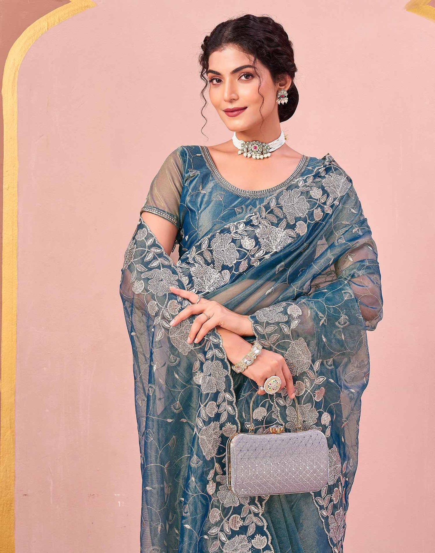 Dusty Teal Blue Shimmer Net Embroidery Saree