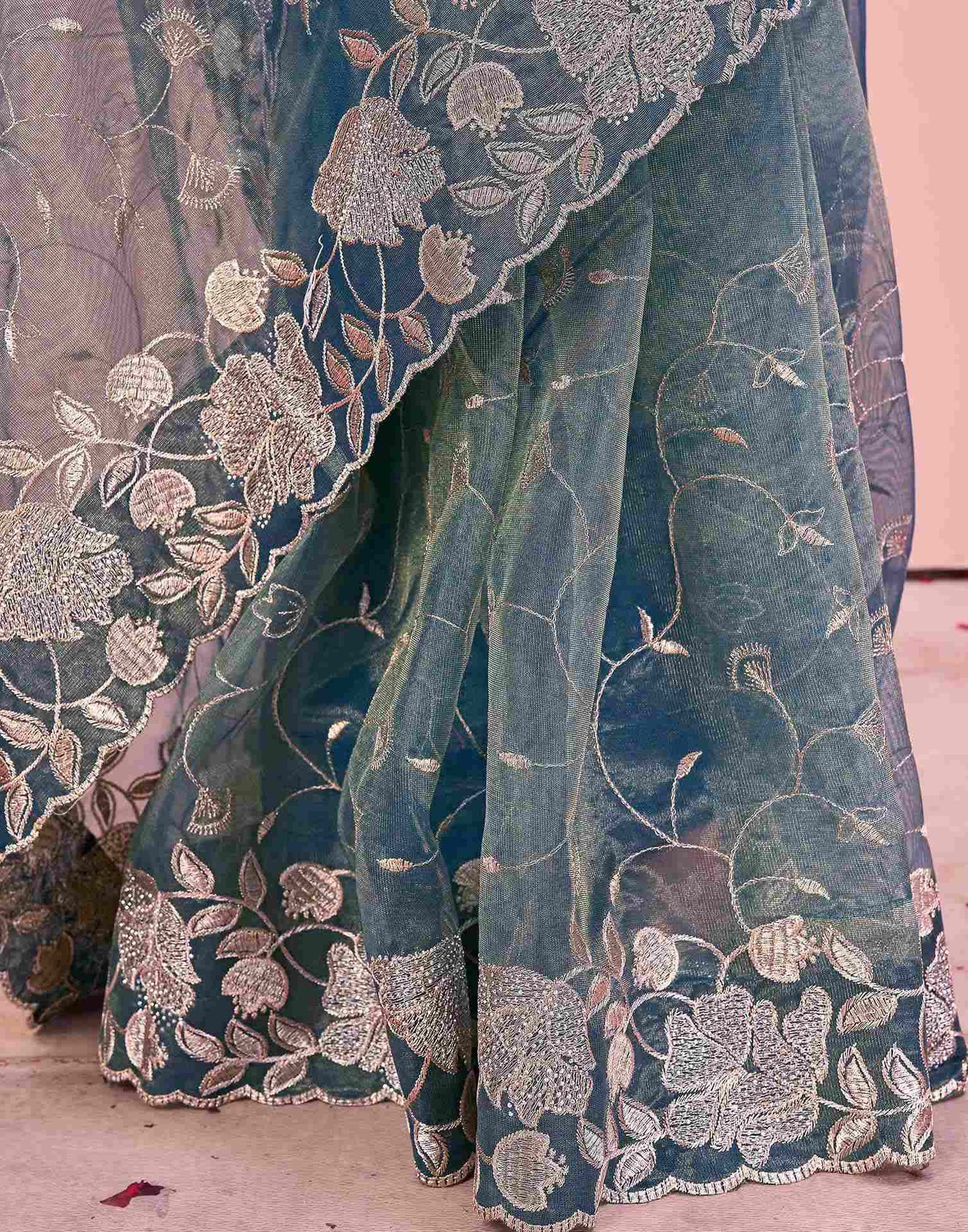 Dusty Teal Blue Shimmer Net Embroidery Saree