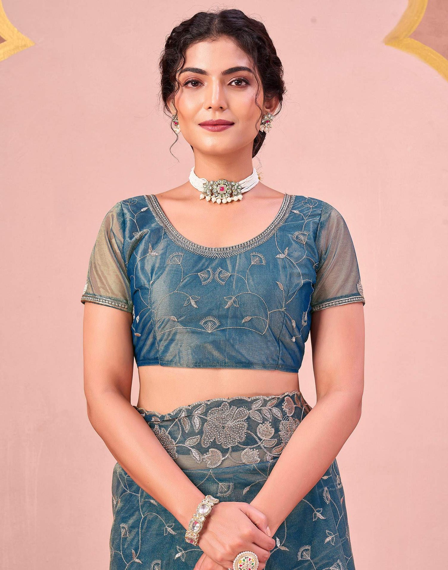 Dusty Teal Blue Shimmer Net Embroidery Saree