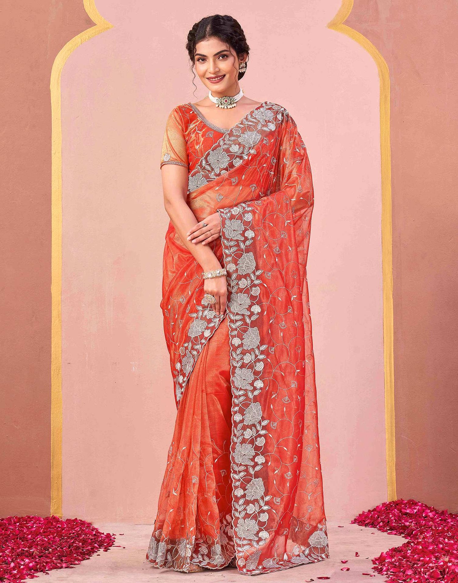 Orange Shimmer Net Embroidery Saree
