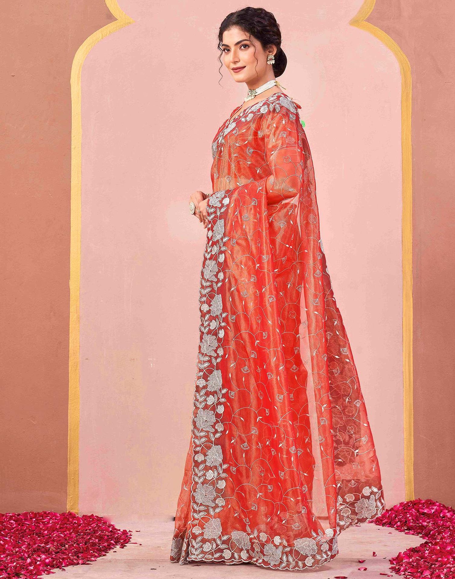 Orange Shimmer Net Embroidery Saree