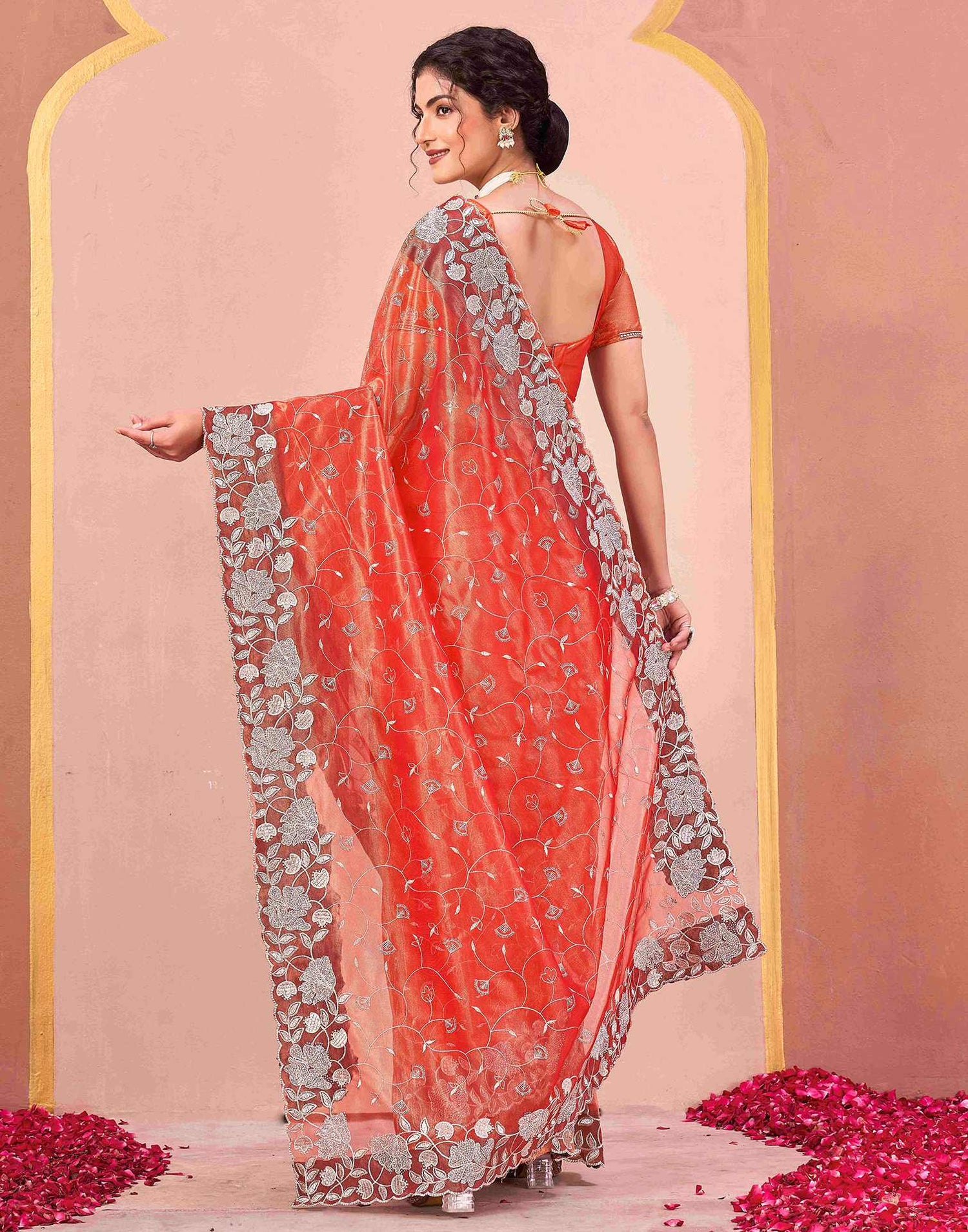 Orange Shimmer Net Embroidery Saree