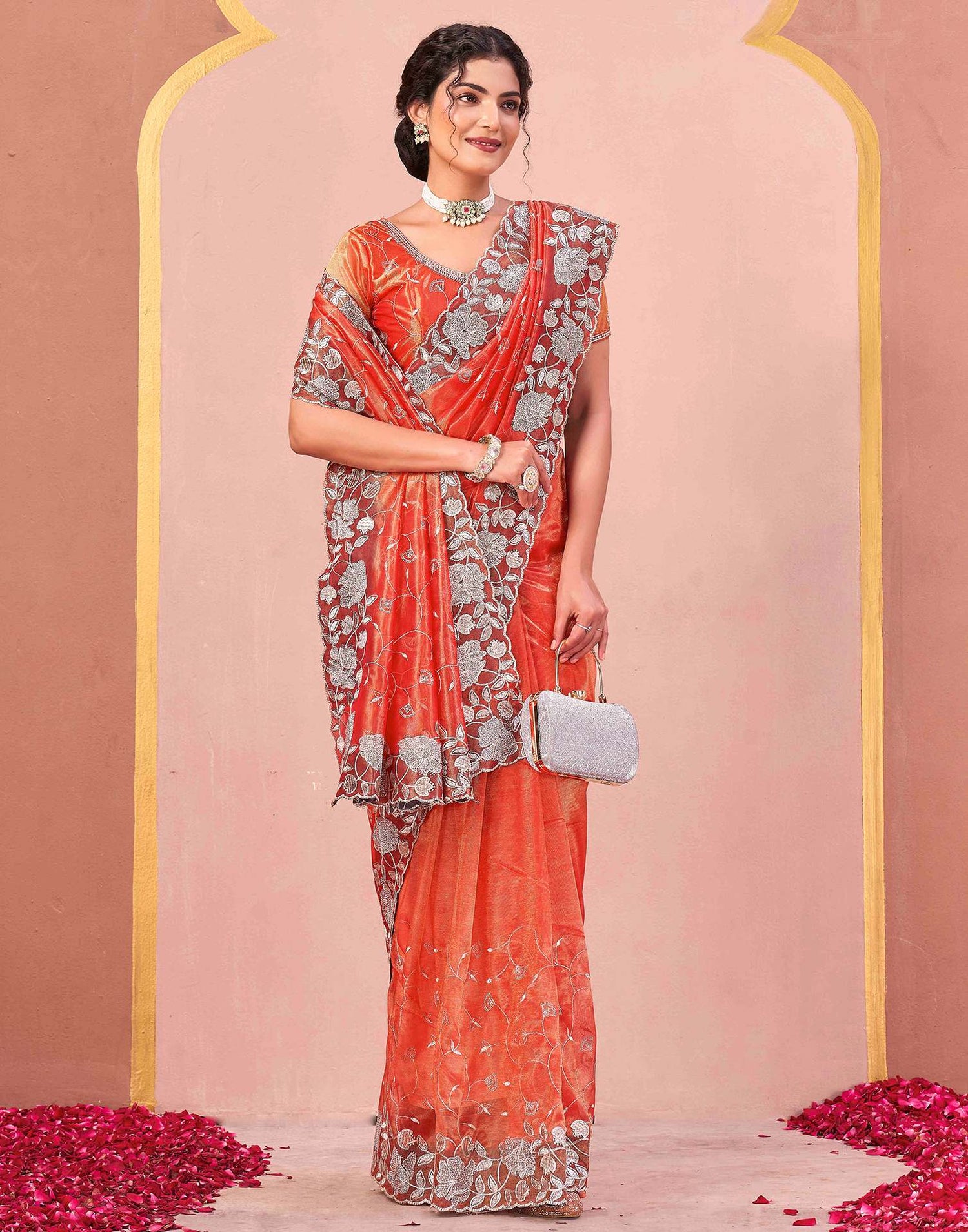 Orange Shimmer Net Embroidery Saree