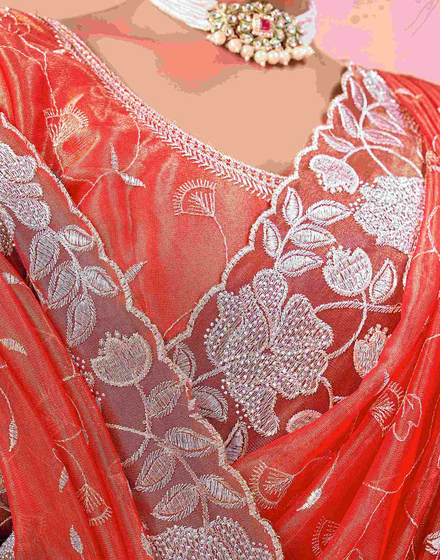 Orange Shimmer Net Embroidery Saree