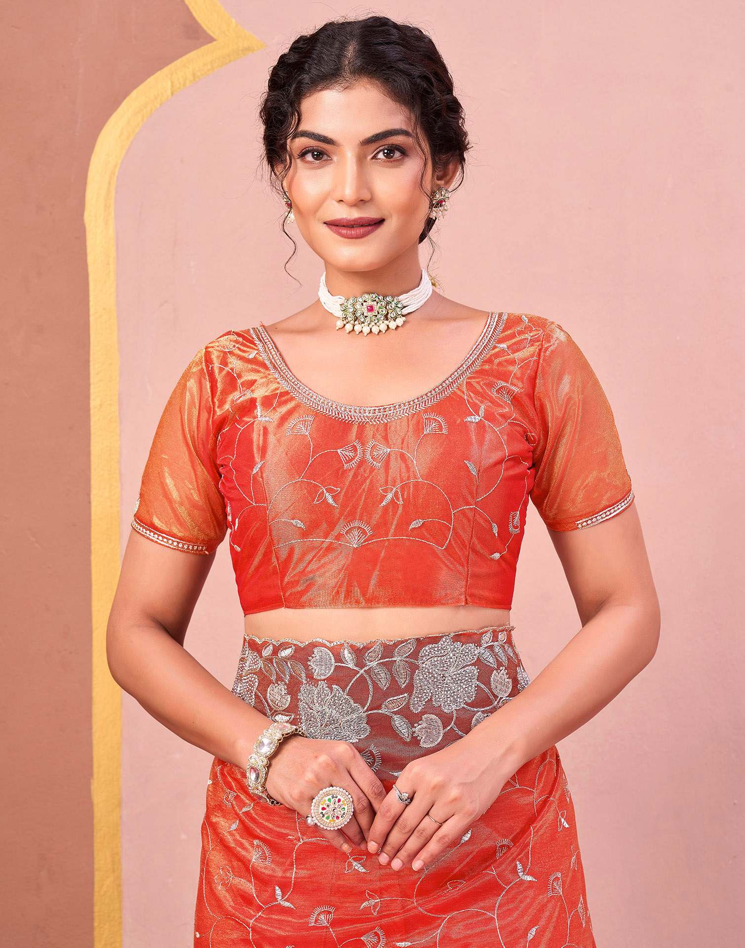 Orange Shimmer Net Embroidery Saree