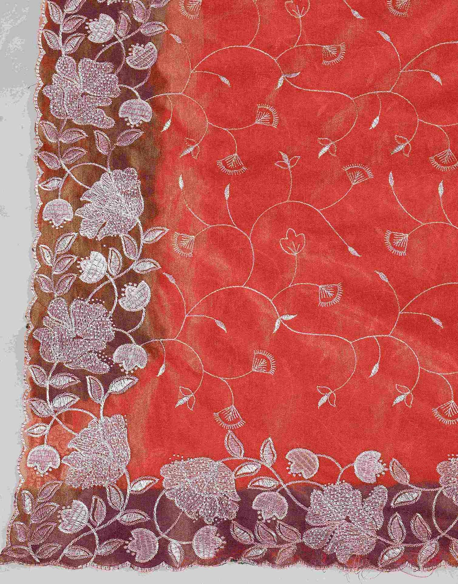 Orange Shimmer Net Embroidery Saree