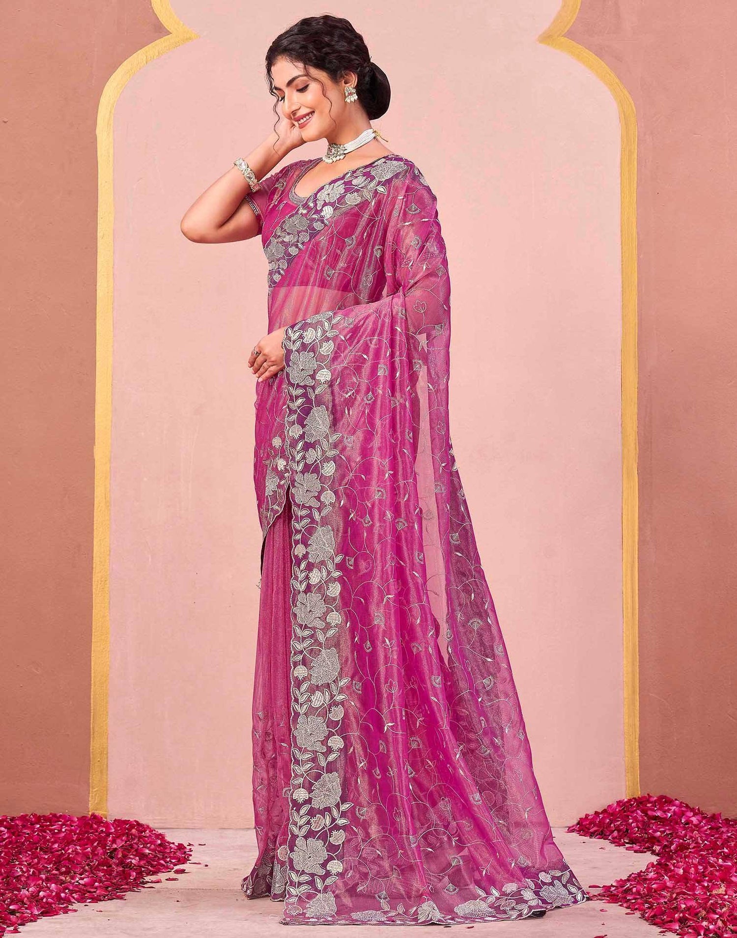 Rani Pink Shimmer Net Embroidery Saree