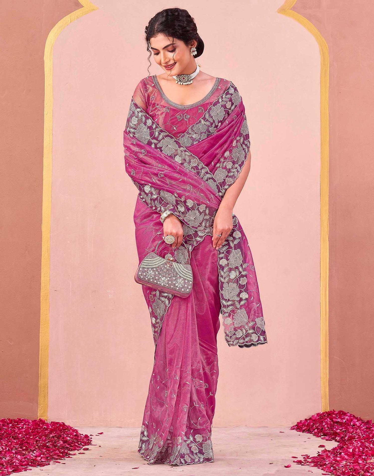Rani Pink Shimmer Net Embroidery Saree