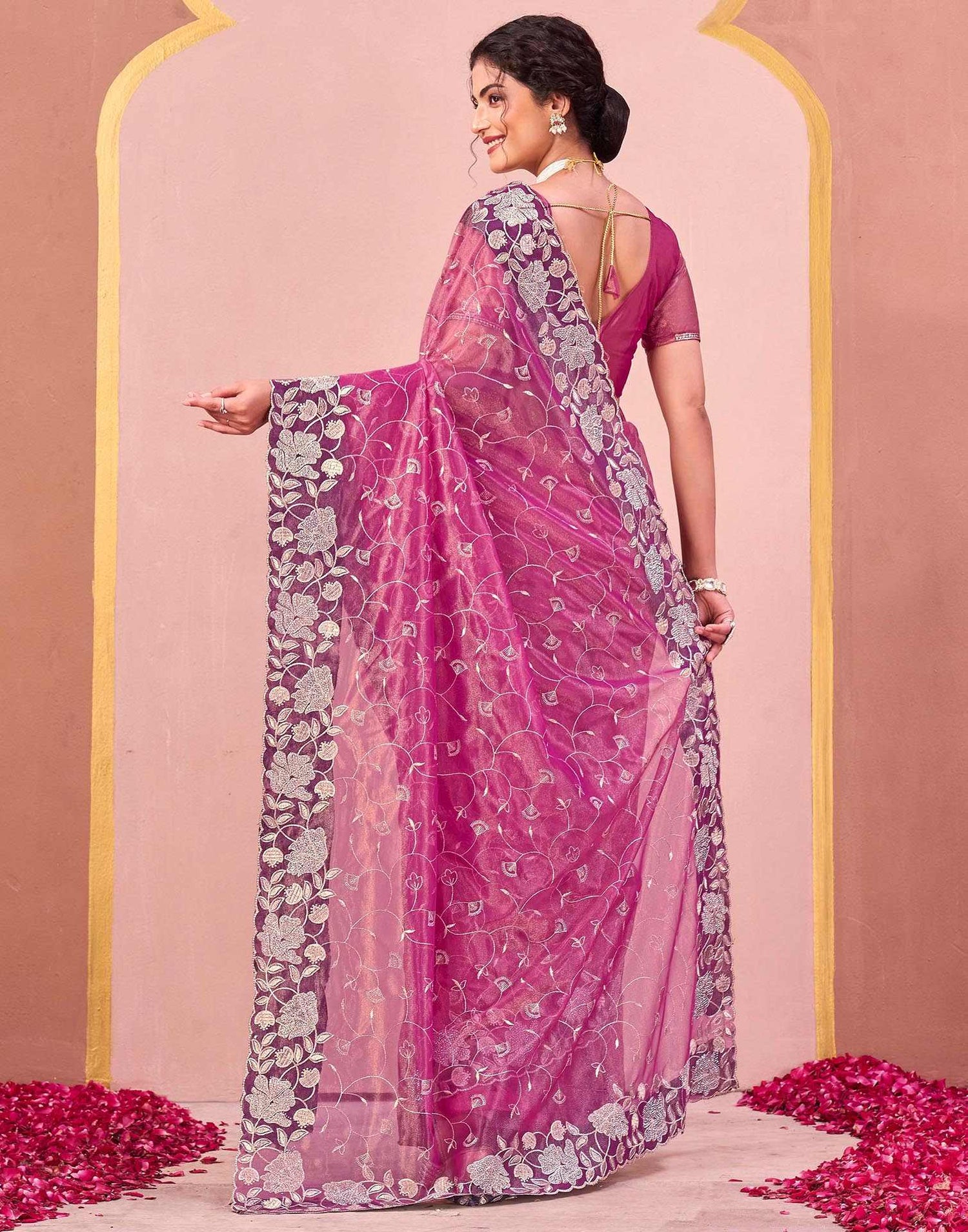 Rani Pink Shimmer Net Embroidery Saree