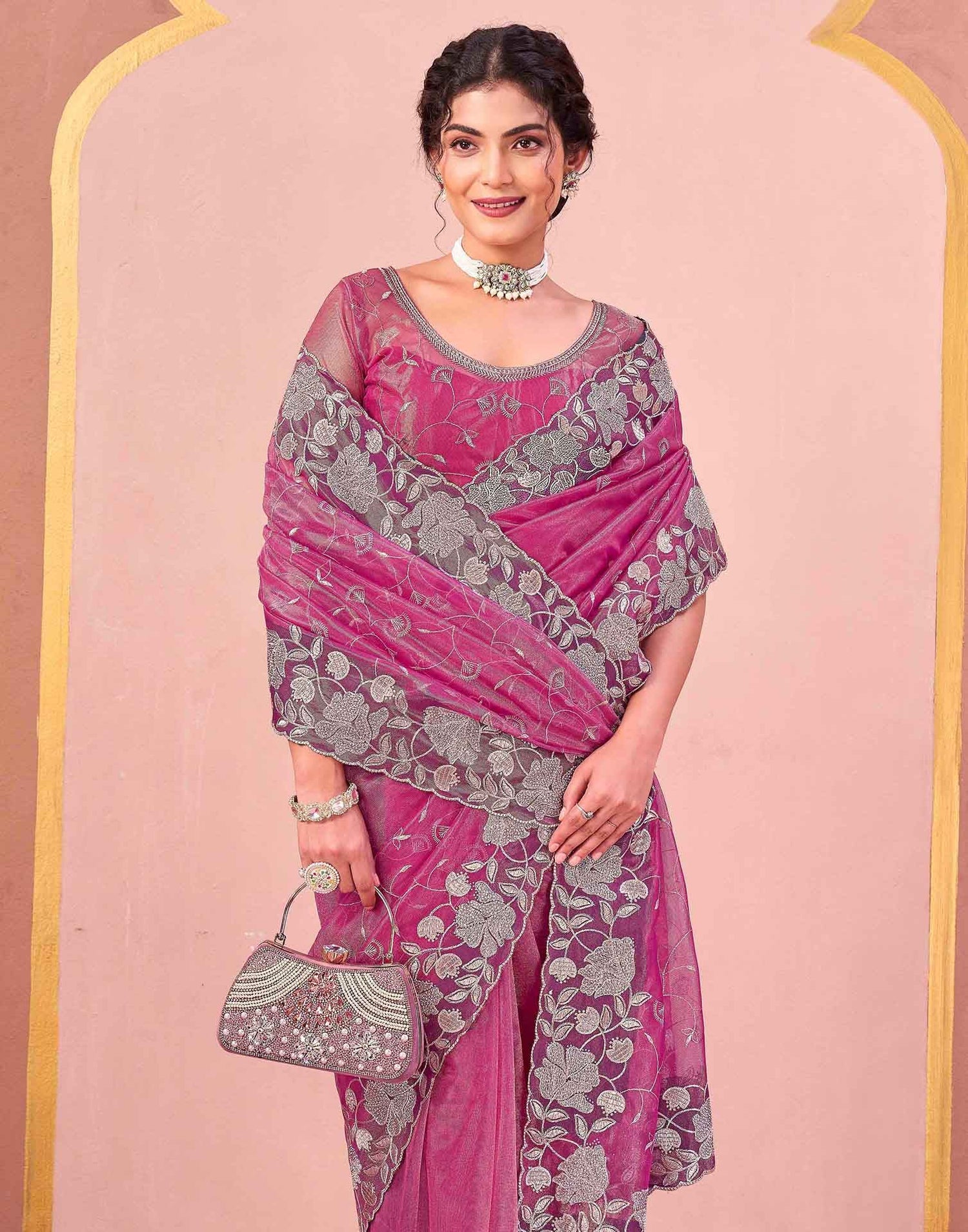 Rani Pink Shimmer Net Embroidery Saree