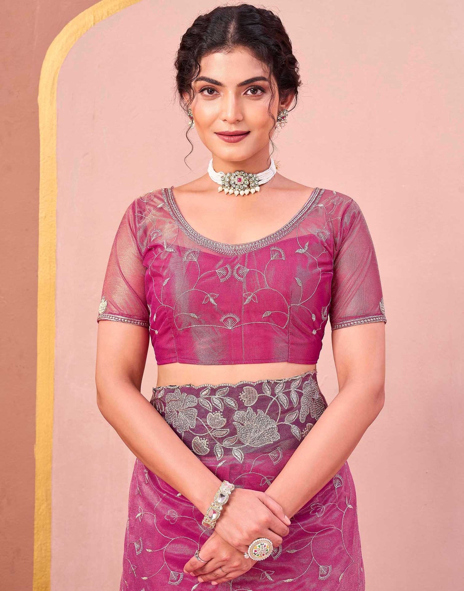 Rani Pink Shimmer Net Embroidery Saree