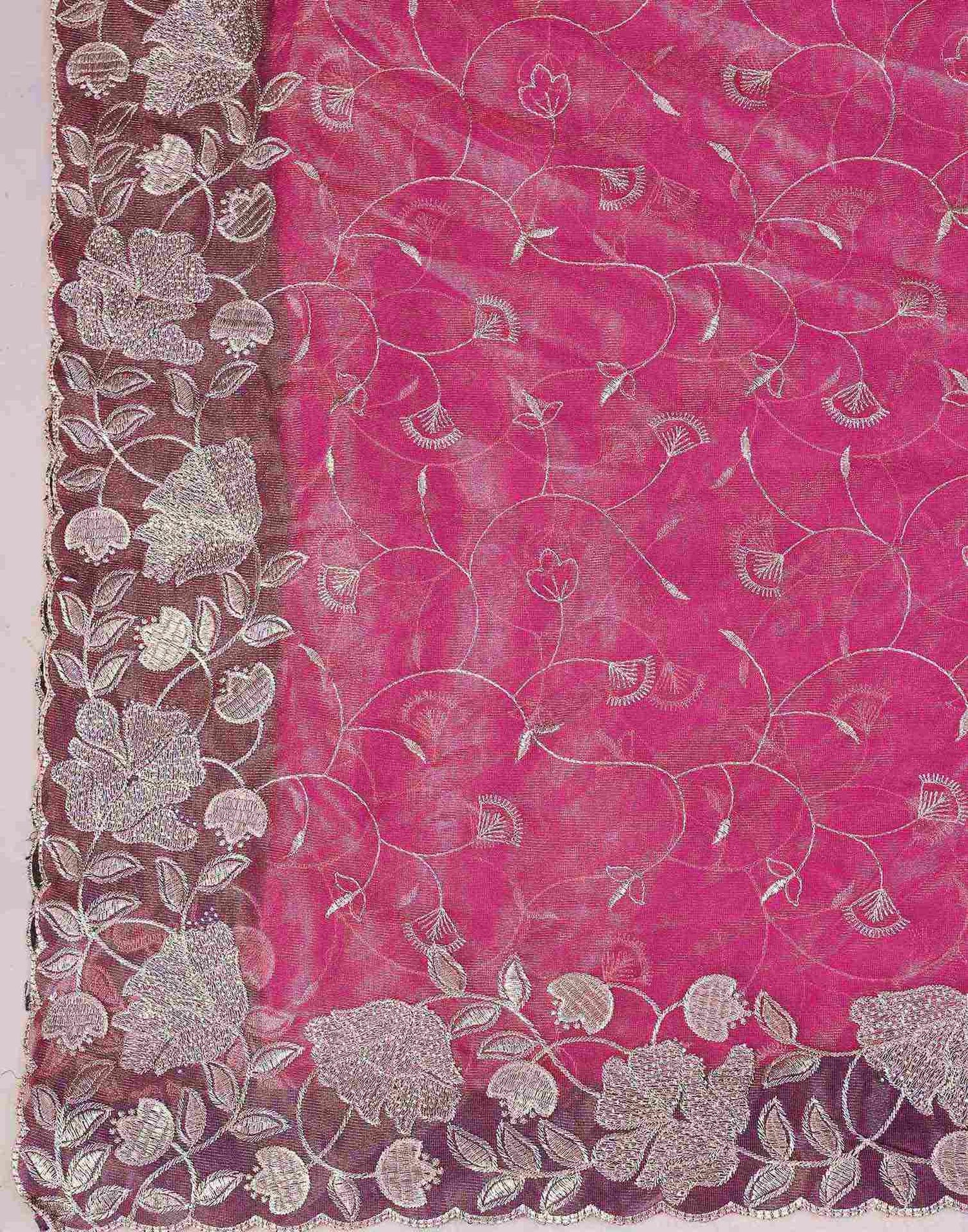 Rani Pink Shimmer Net Embroidery Saree