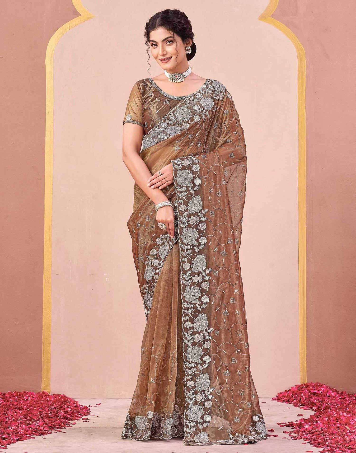 Brown Shimmer Net Embroidery Saree