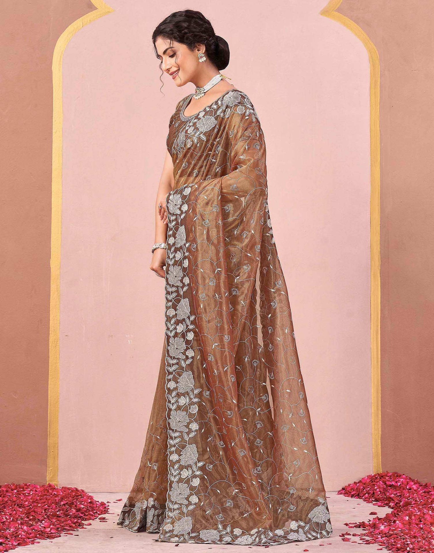 Brown Shimmer Net Embroidery Saree