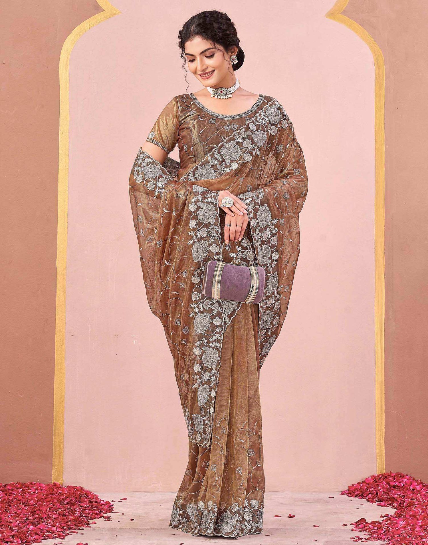 Brown Shimmer Net Embroidery Saree