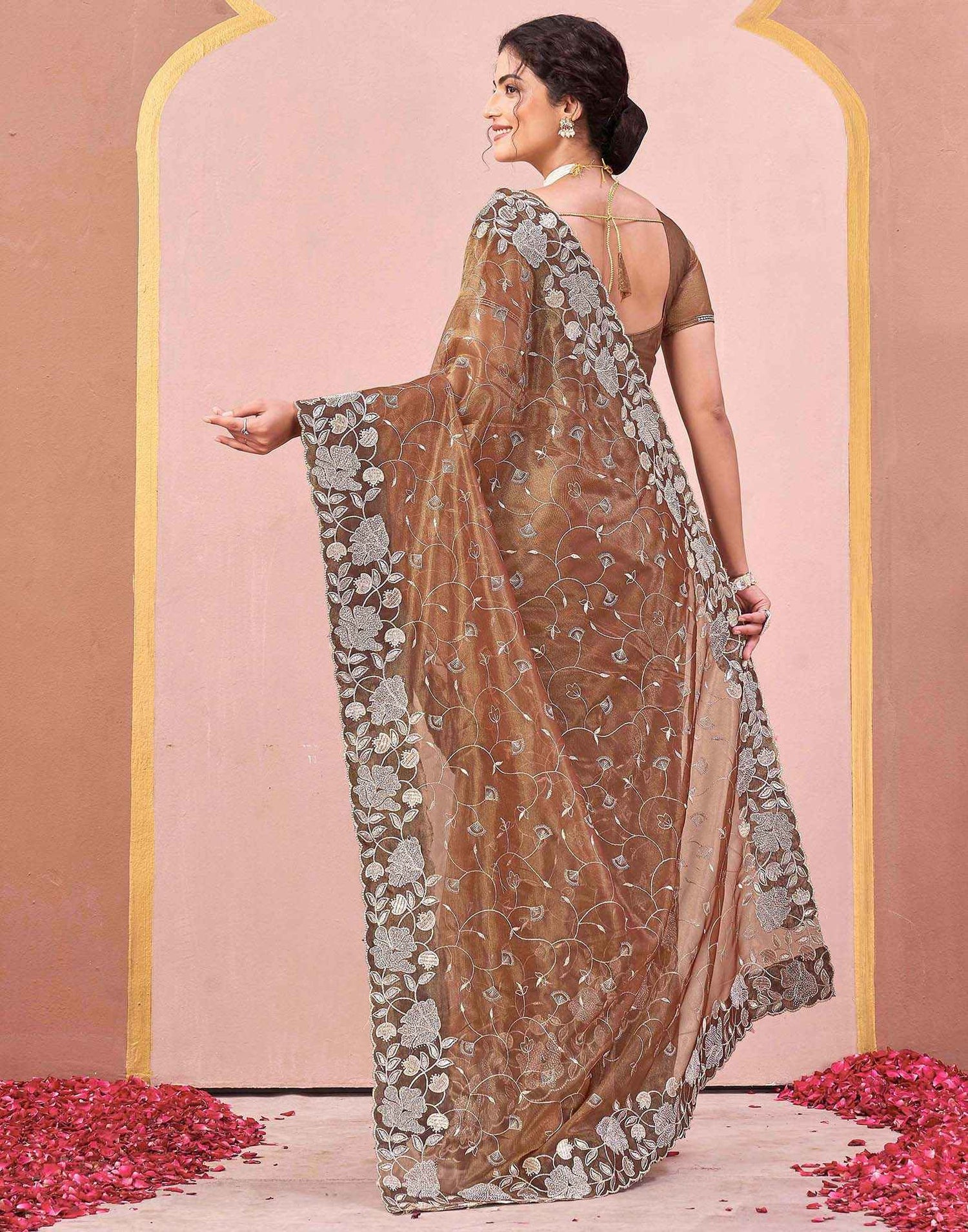 Brown Shimmer Net Embroidery Saree