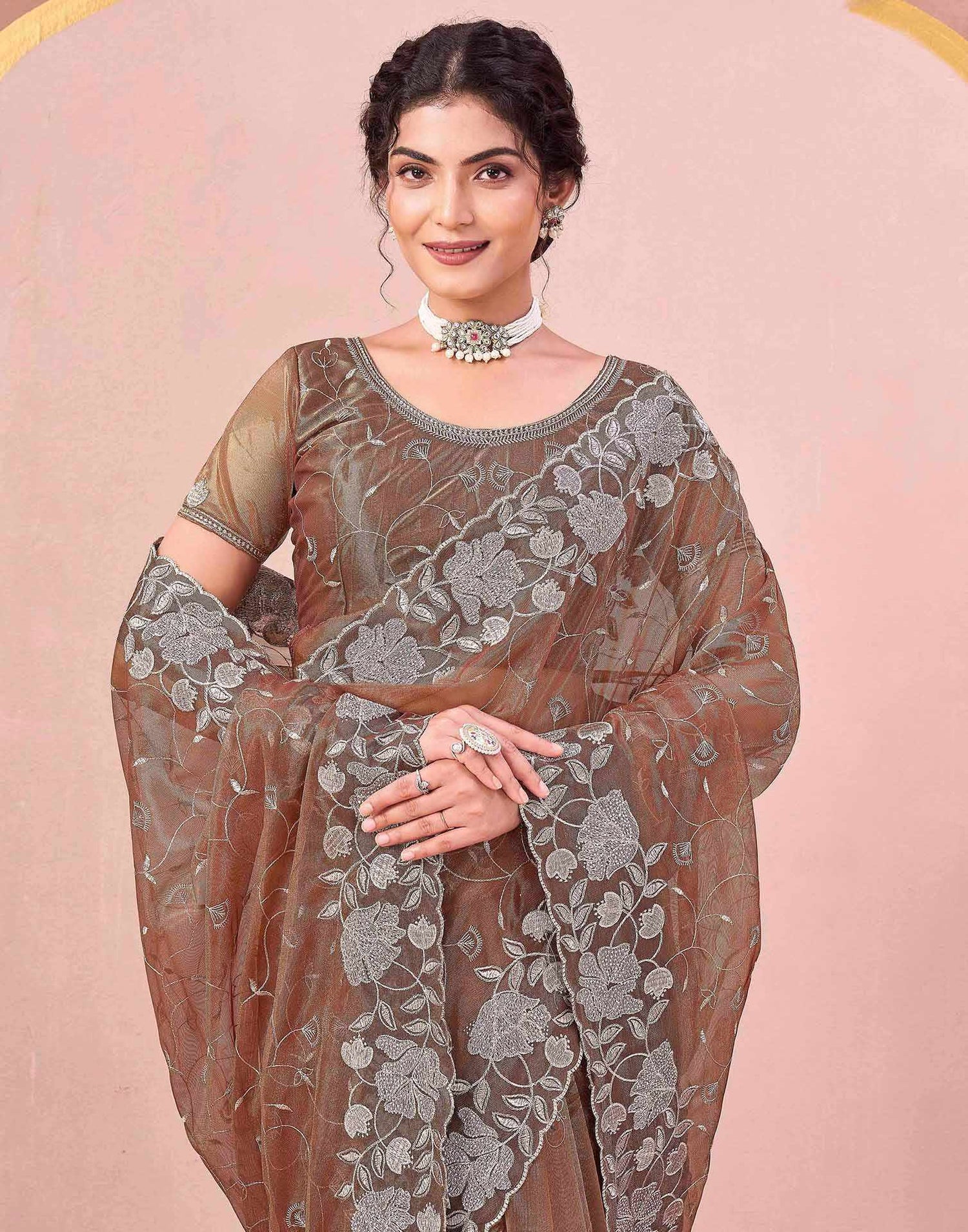 Brown Shimmer Net Embroidery Saree
