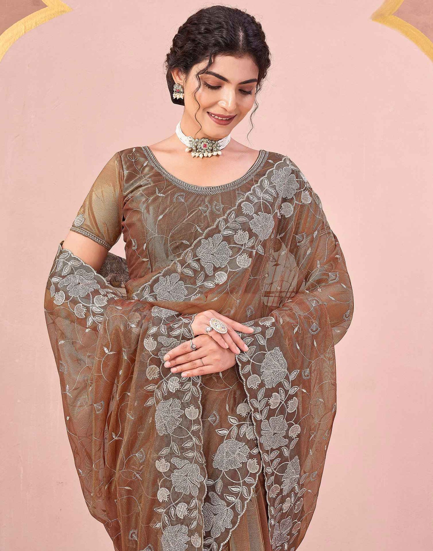 Brown Shimmer Net Embroidery Saree