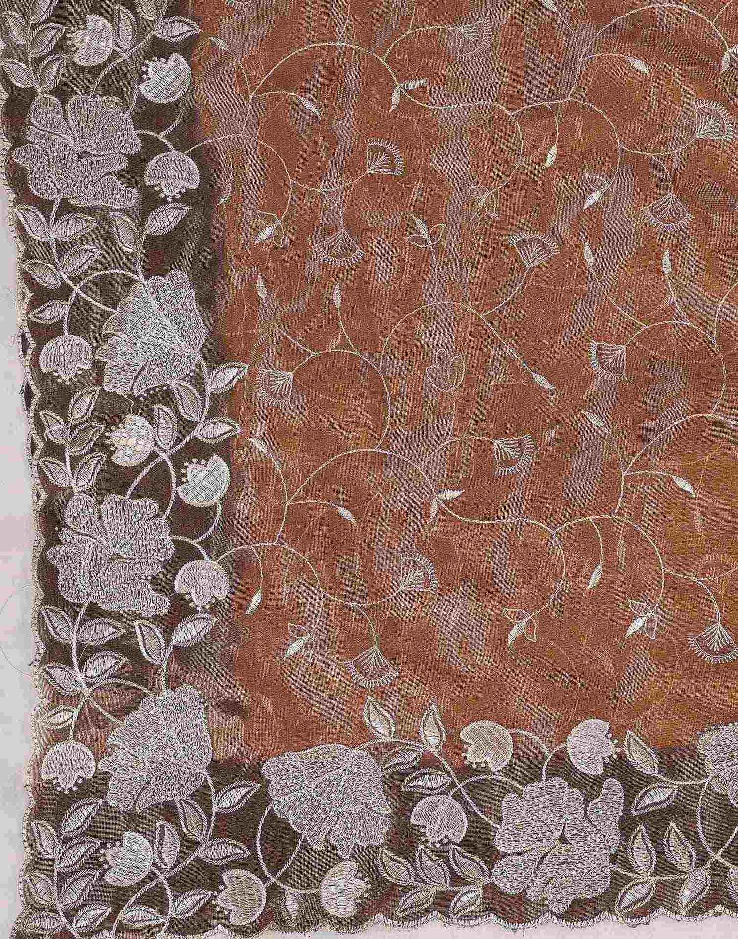 Brown Shimmer Net Embroidery Saree
