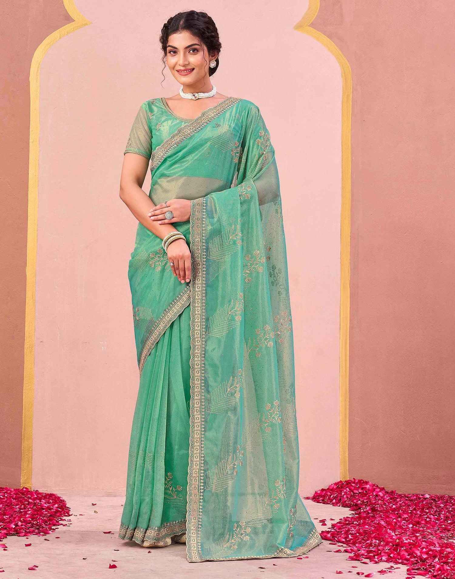 Turquoise Shimmer Net Embroidery Swarovski Saree