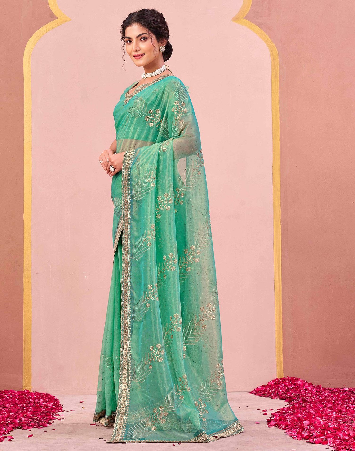 Turquoise Shimmer Net Embroidery Swarovski Saree