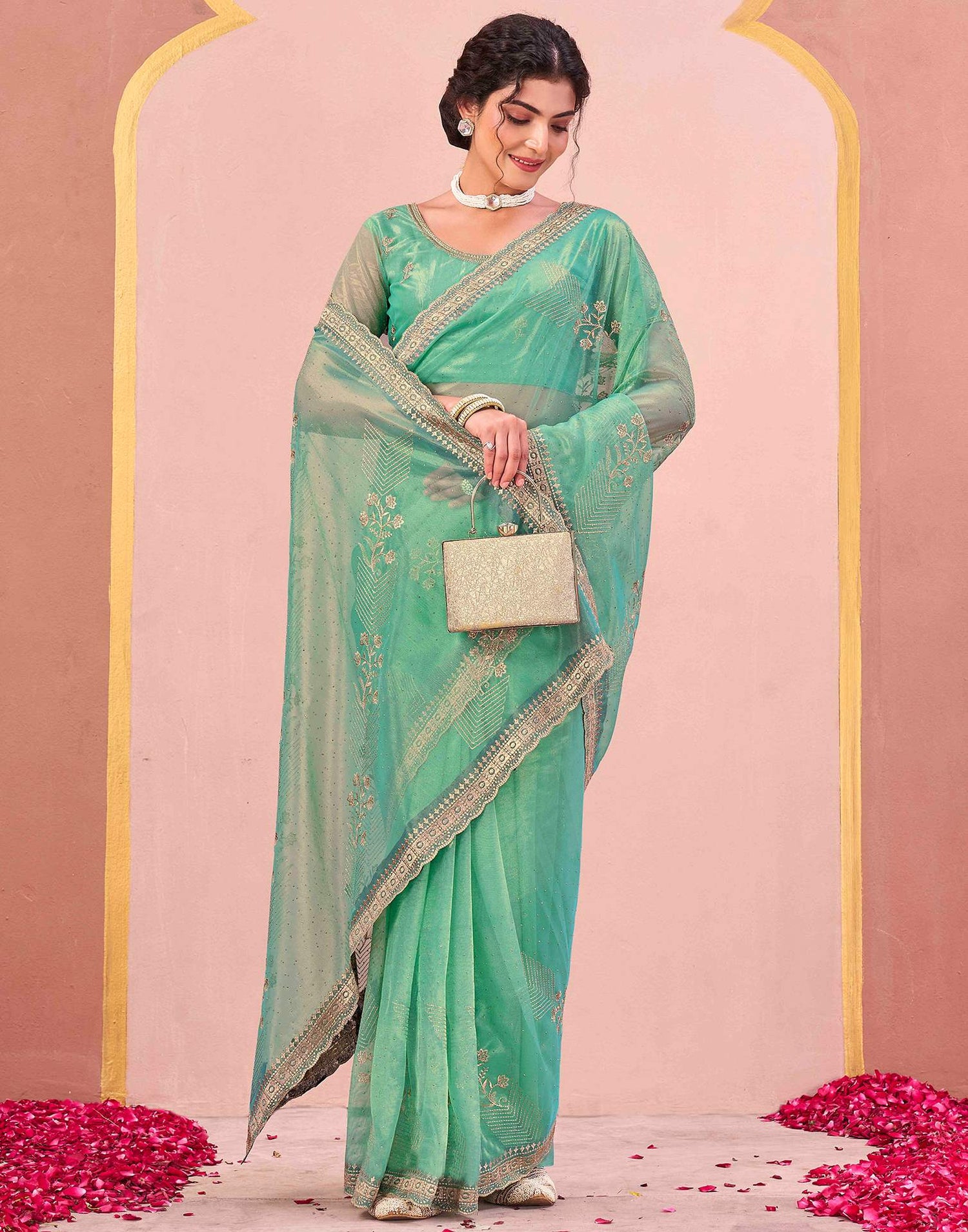 Turquoise Shimmer Net Embroidery Swarovski Saree