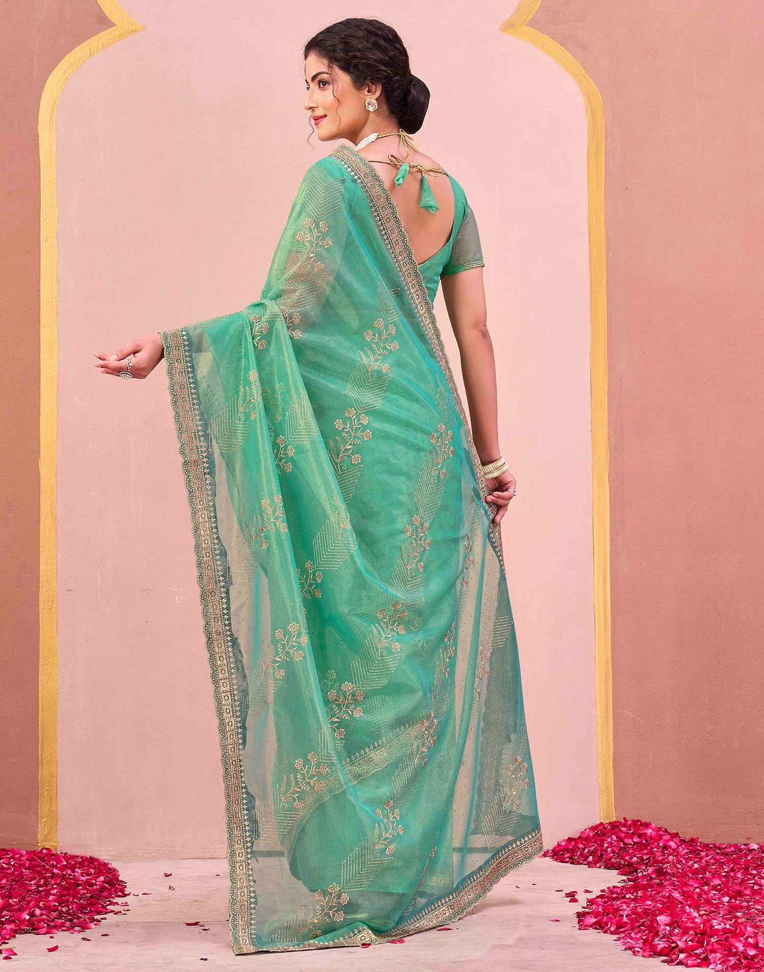 Turquoise Shimmer Net Embroidery Swarovski Saree