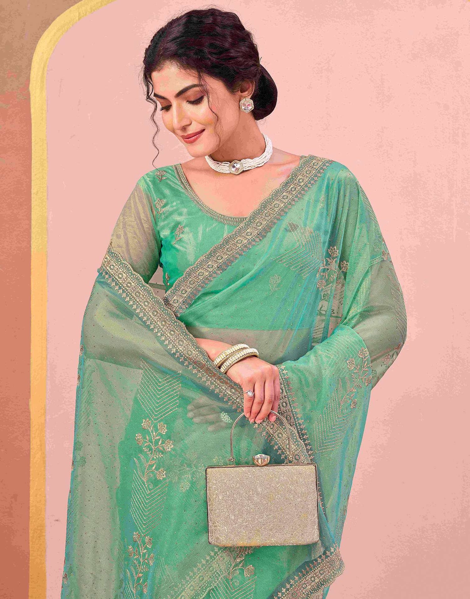 Turquoise Shimmer Net Embroidery Swarovski Saree