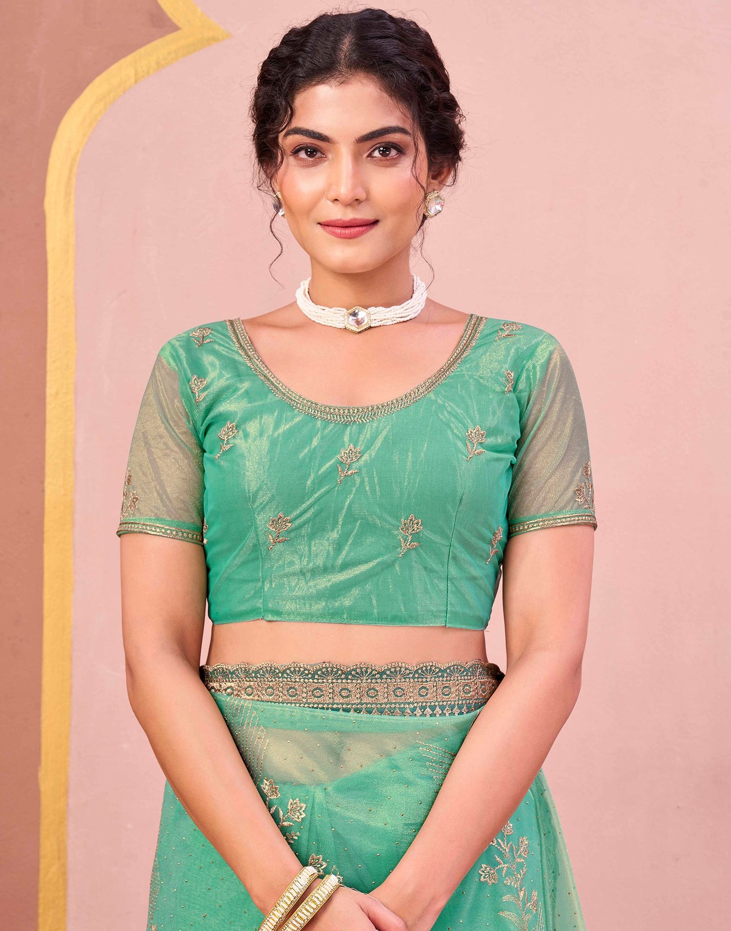 Turquoise Shimmer Net Embroidery Swarovski Saree